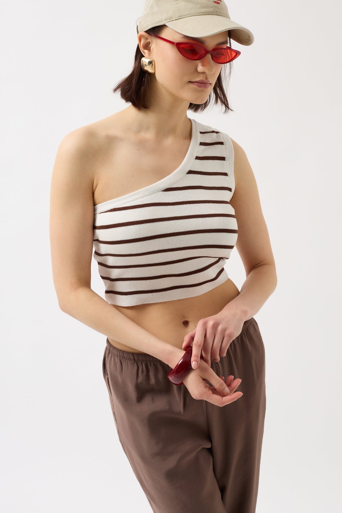Tek Omuz Çizgili Crop - Beyaz - Lacivert