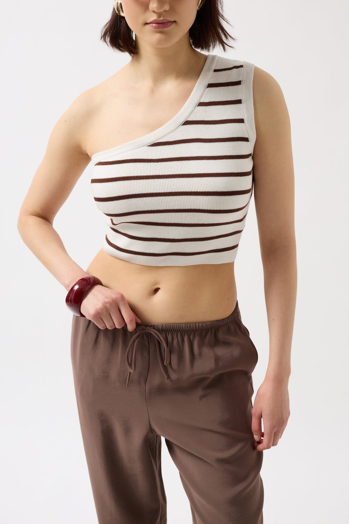 Tek Omuz Çizgili Crop - Beyaz - Lacivert