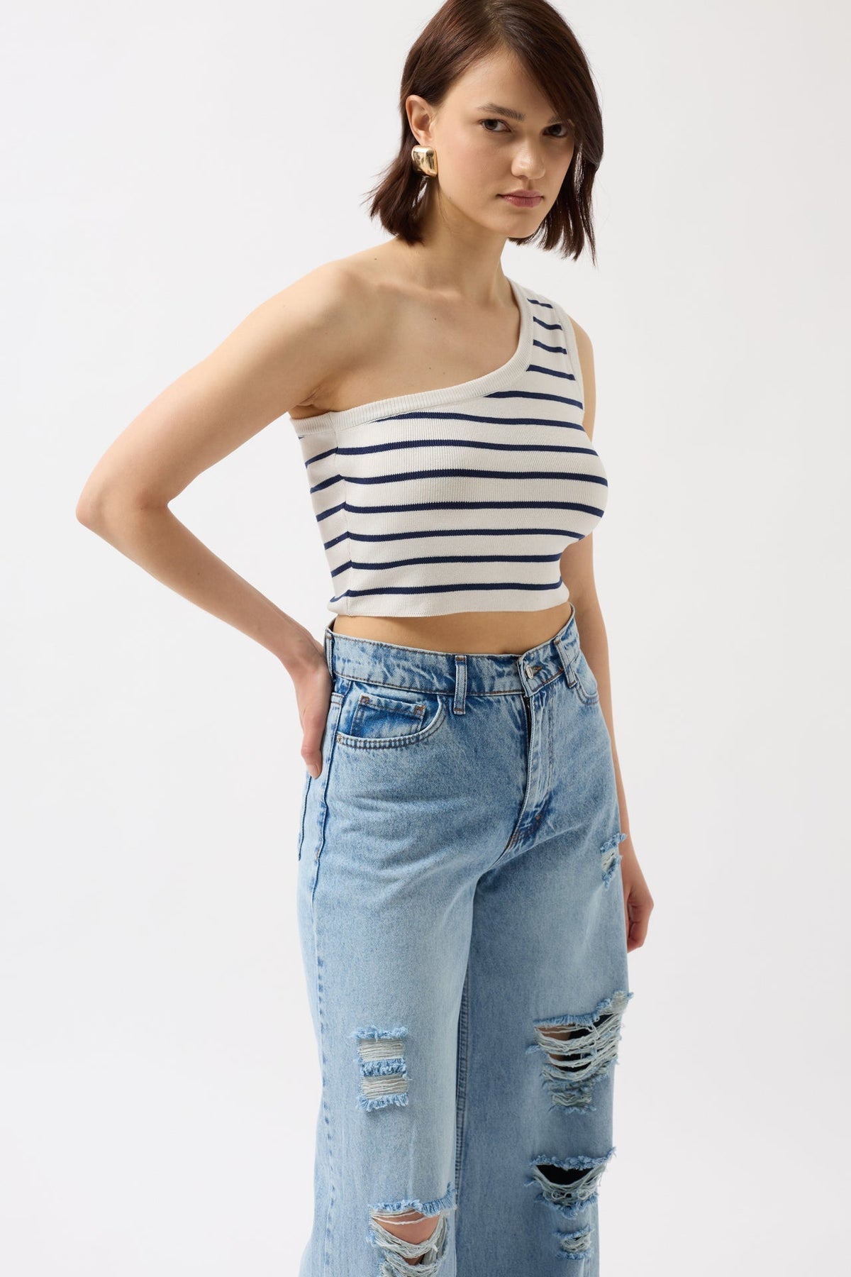Tek Omuz Çizgili Crop - Beyaz - Lacivert