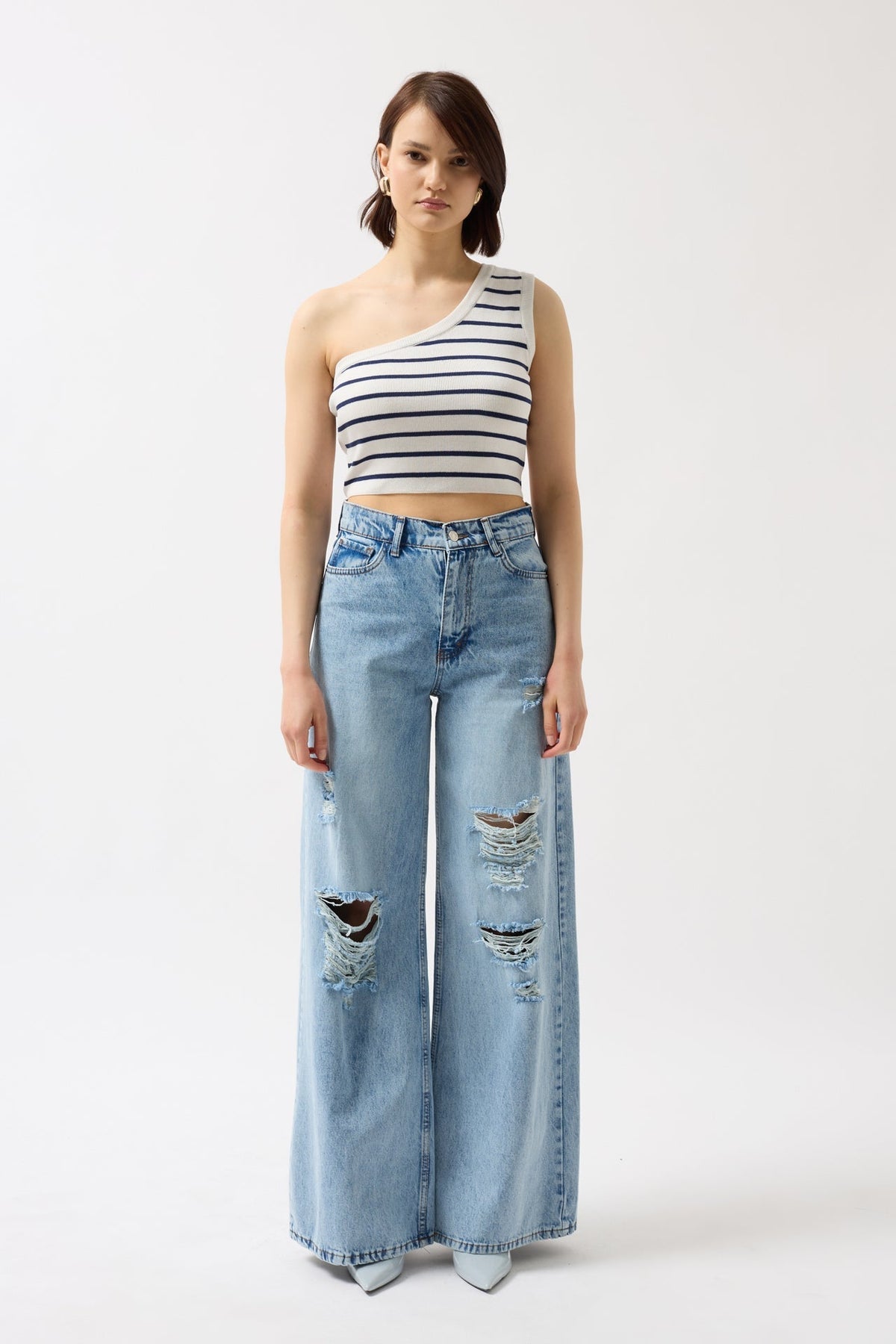 Tek Omuz Çizgili Crop - Beyaz - Lacivert