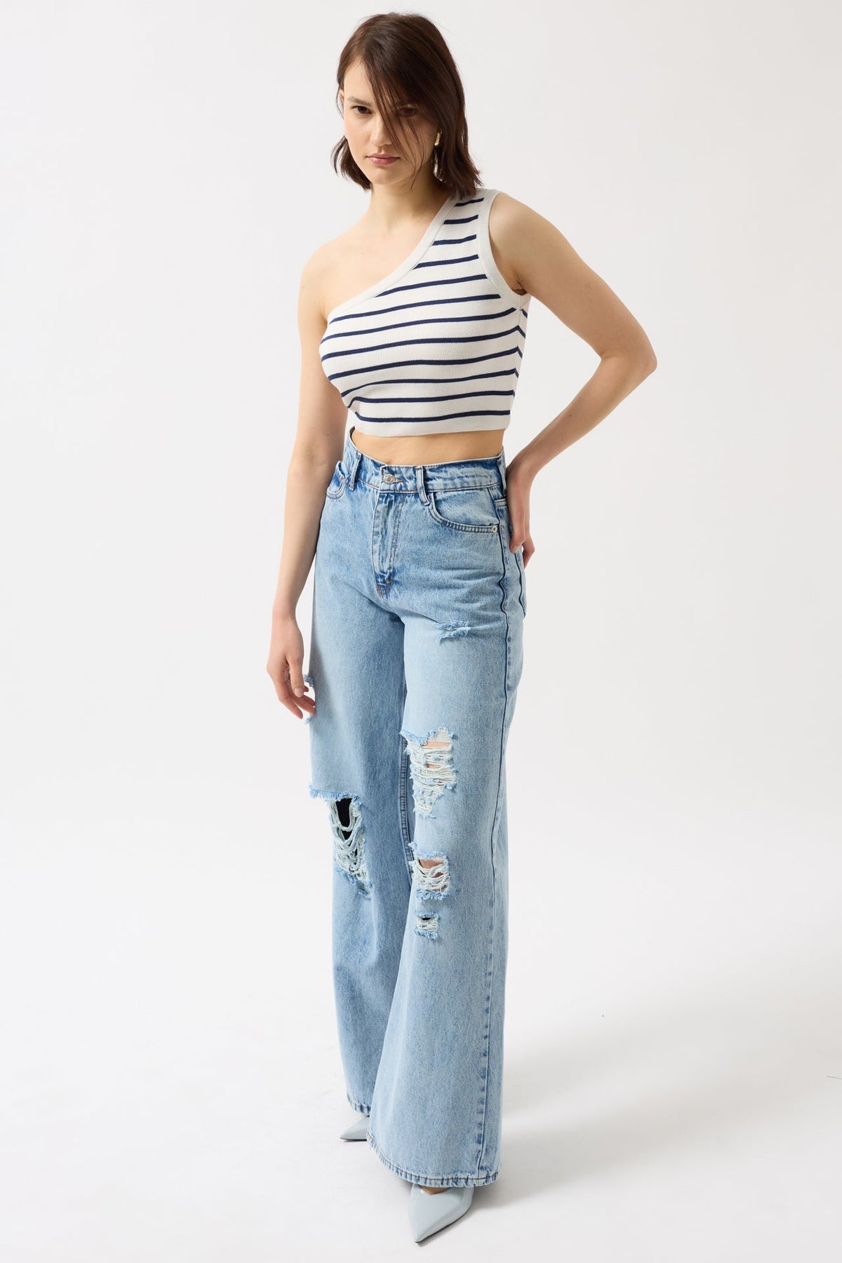 Tek Omuz Çizgili Crop - Beyaz - Lacivert