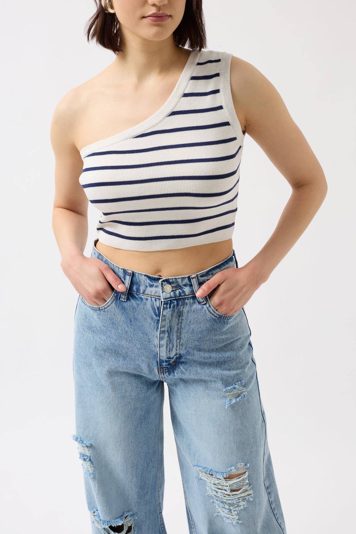 Tek Omuz Çizgili Crop - Beyaz - Kahverengi