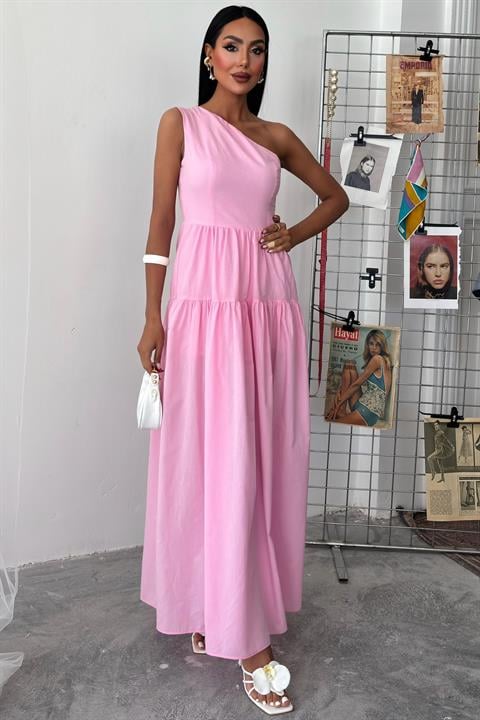 Tek Omuzlu Pile Detay Maxi Elbise 2895 PEMBE L