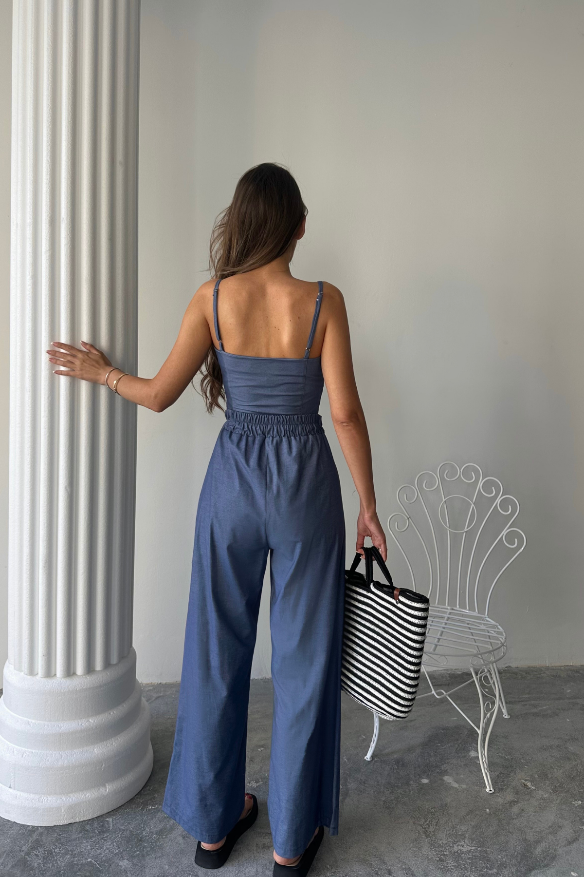 TENCEL CROP ASKILI BLUZ - ŞALVAR PANTOLON TK - İndigo