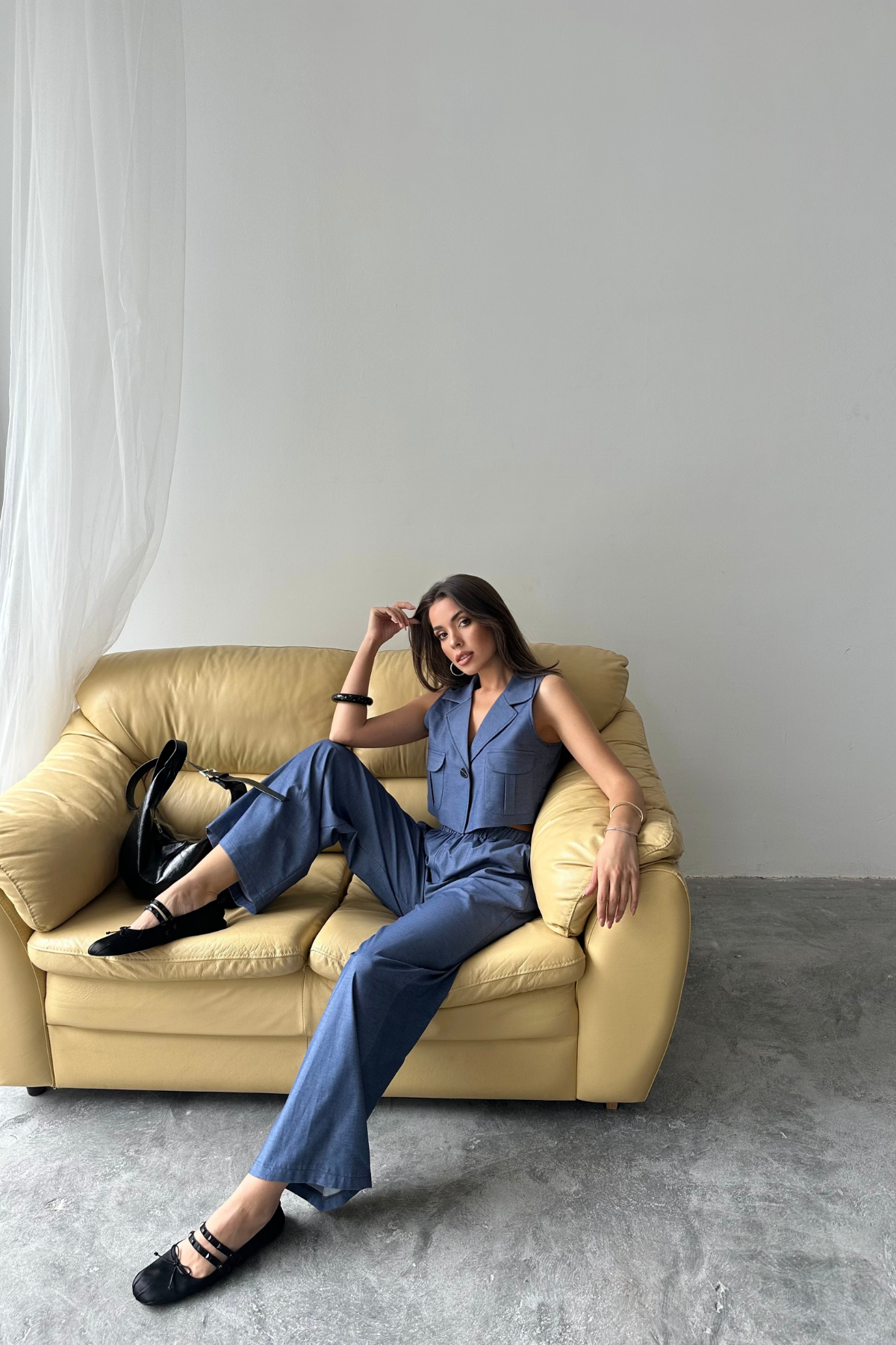 TENCEL CROP KOLSUZ GÖMLEK - PANTOLON TAKIM - İndigo