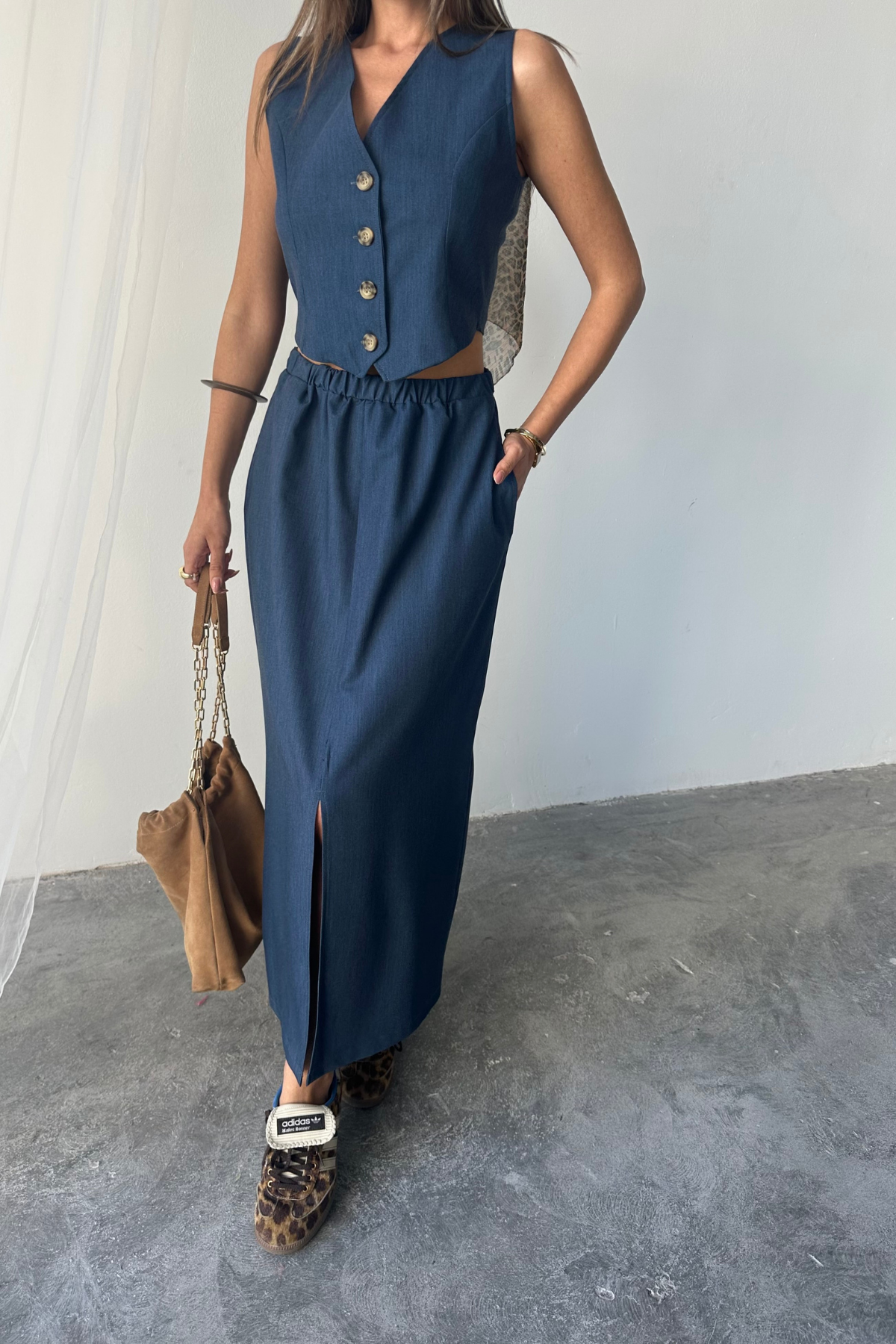 TENCEL YELEK - YIRTMAÇLI ETEK TAKIM - İndigo