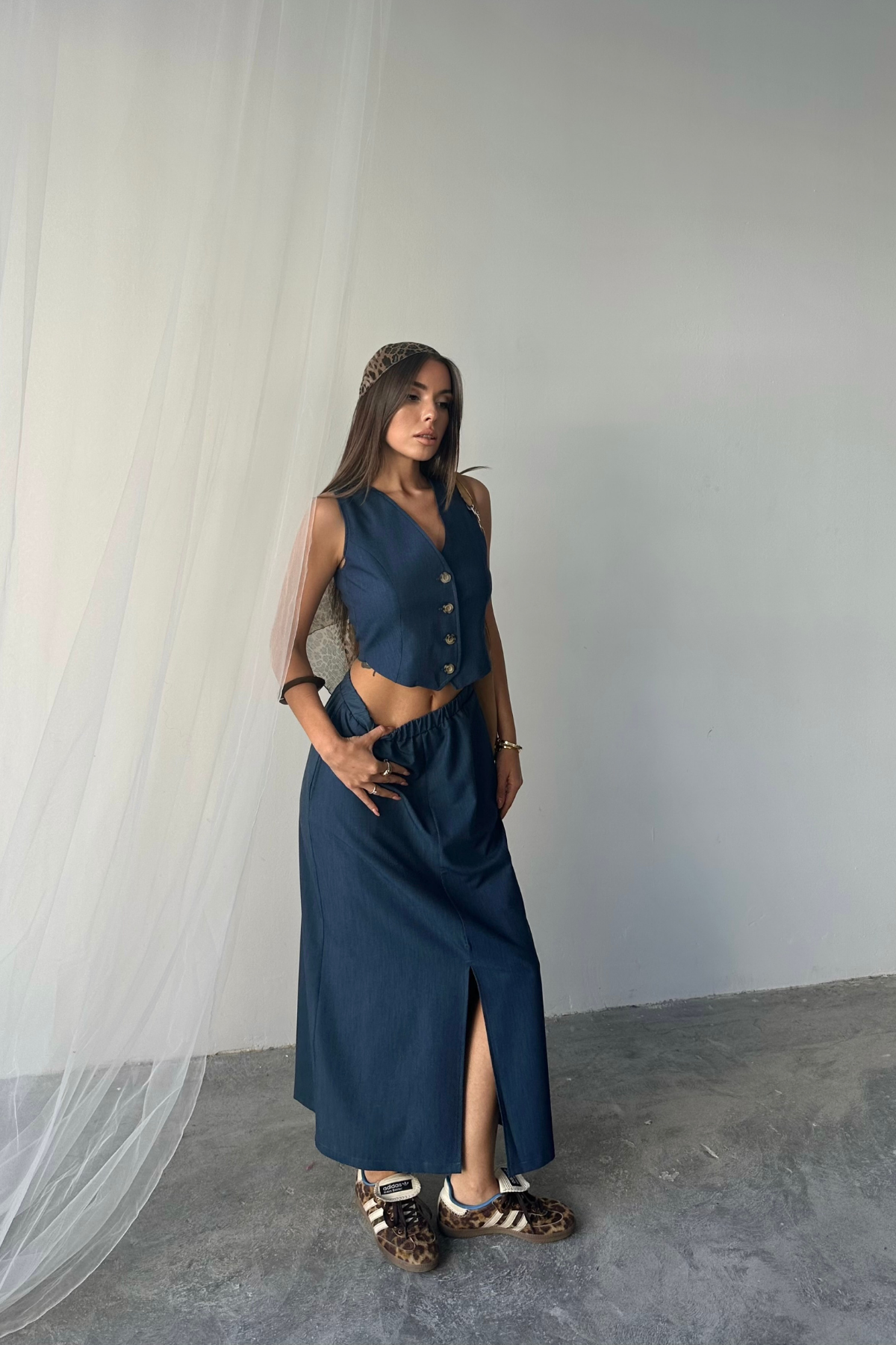 TENCEL YELEK - YIRTMAÇLI ETEK TAKIM - İndigo