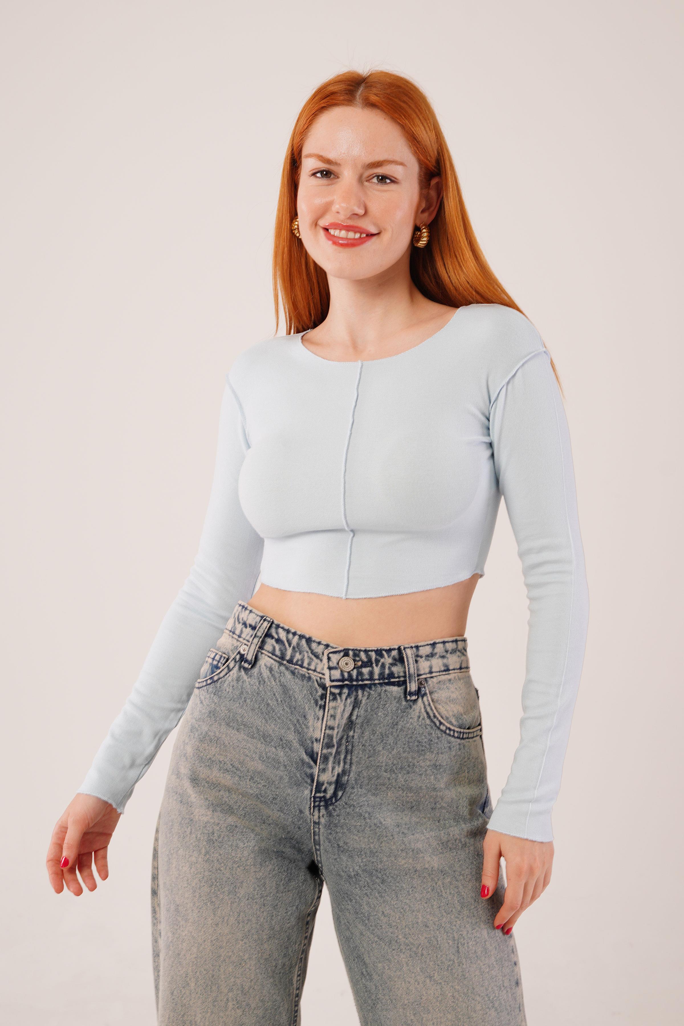 Ters Dikişli Basic Toptan Bebe Mavisi Body Bluz Antrasit S