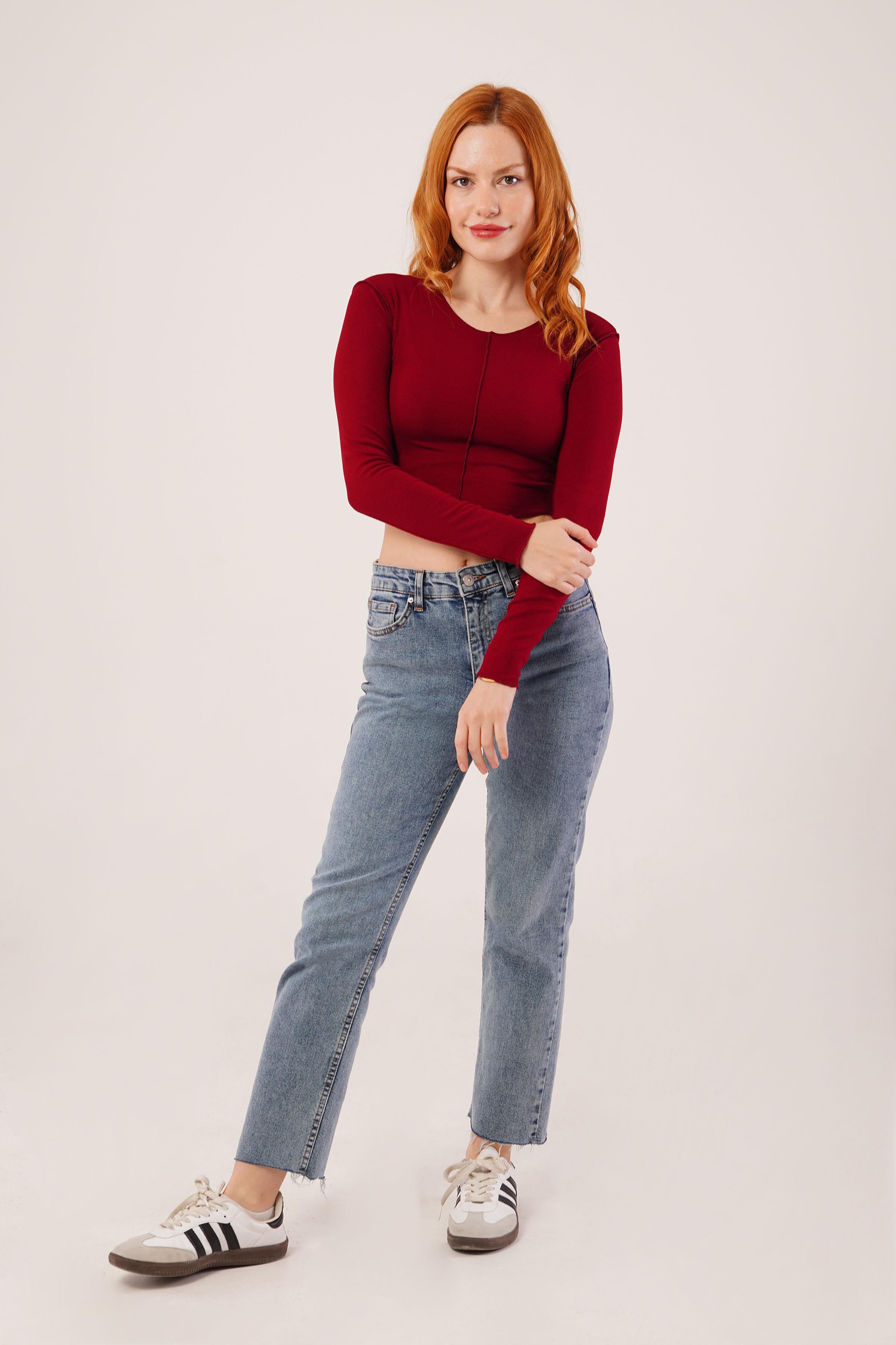 Ters Dikişli Basic Toptan Bordo Body Bluz
