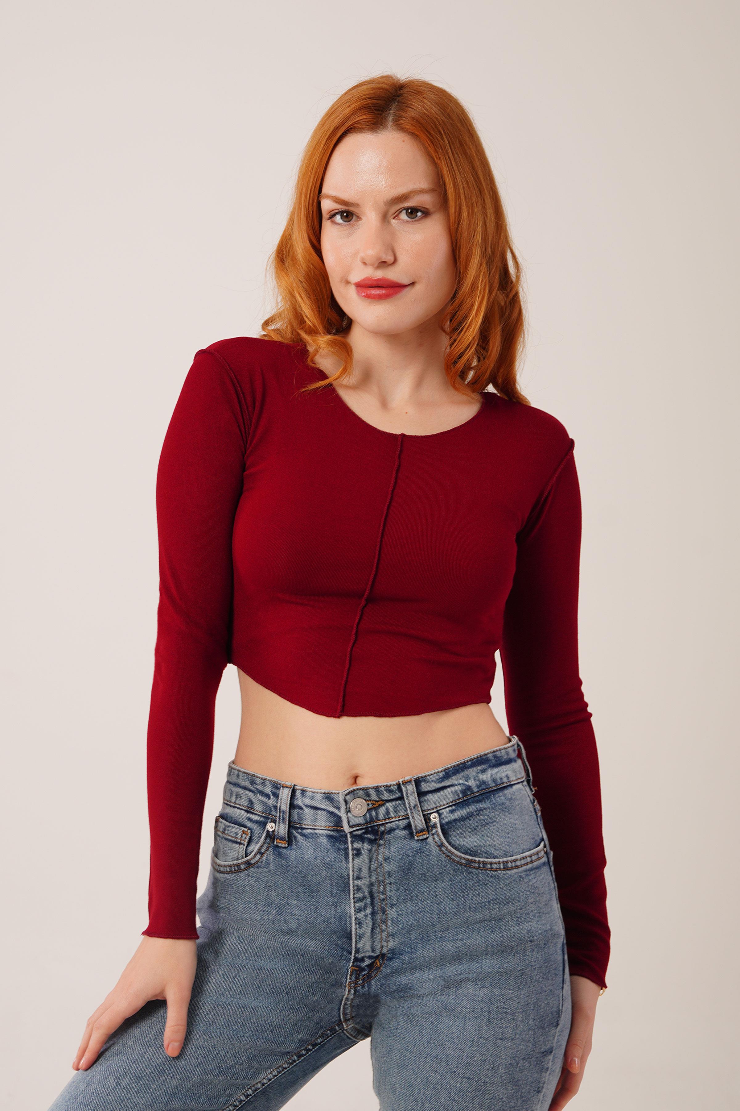 Ters Dikişli Basic Toptan Bordo Body Bluz Bordo S