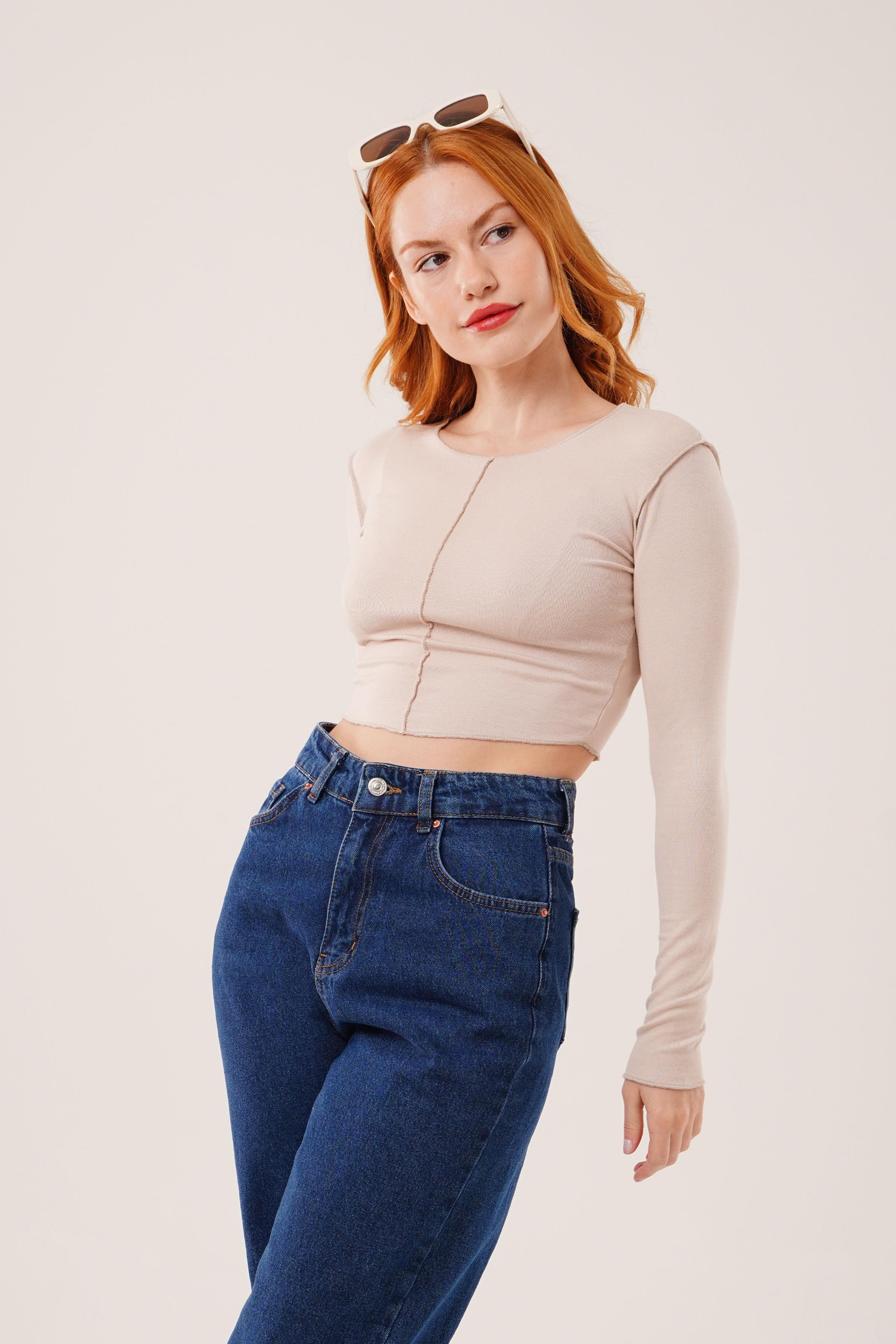 Ters Dikişli Basic Toptan Krem Body Bluz Krem S