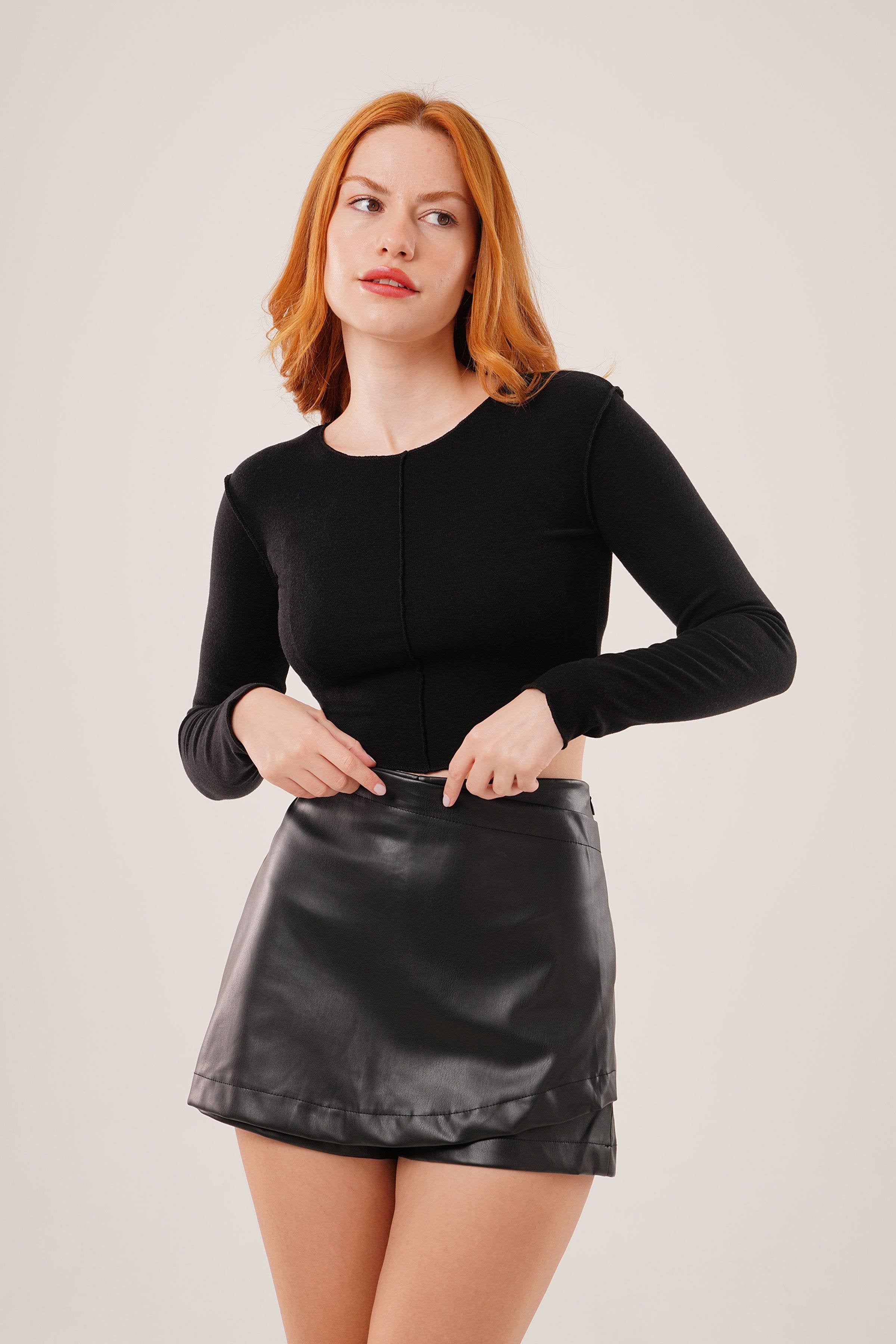 Ters Dikişli Basic Toptan Siyah Body Bluz Siyah S