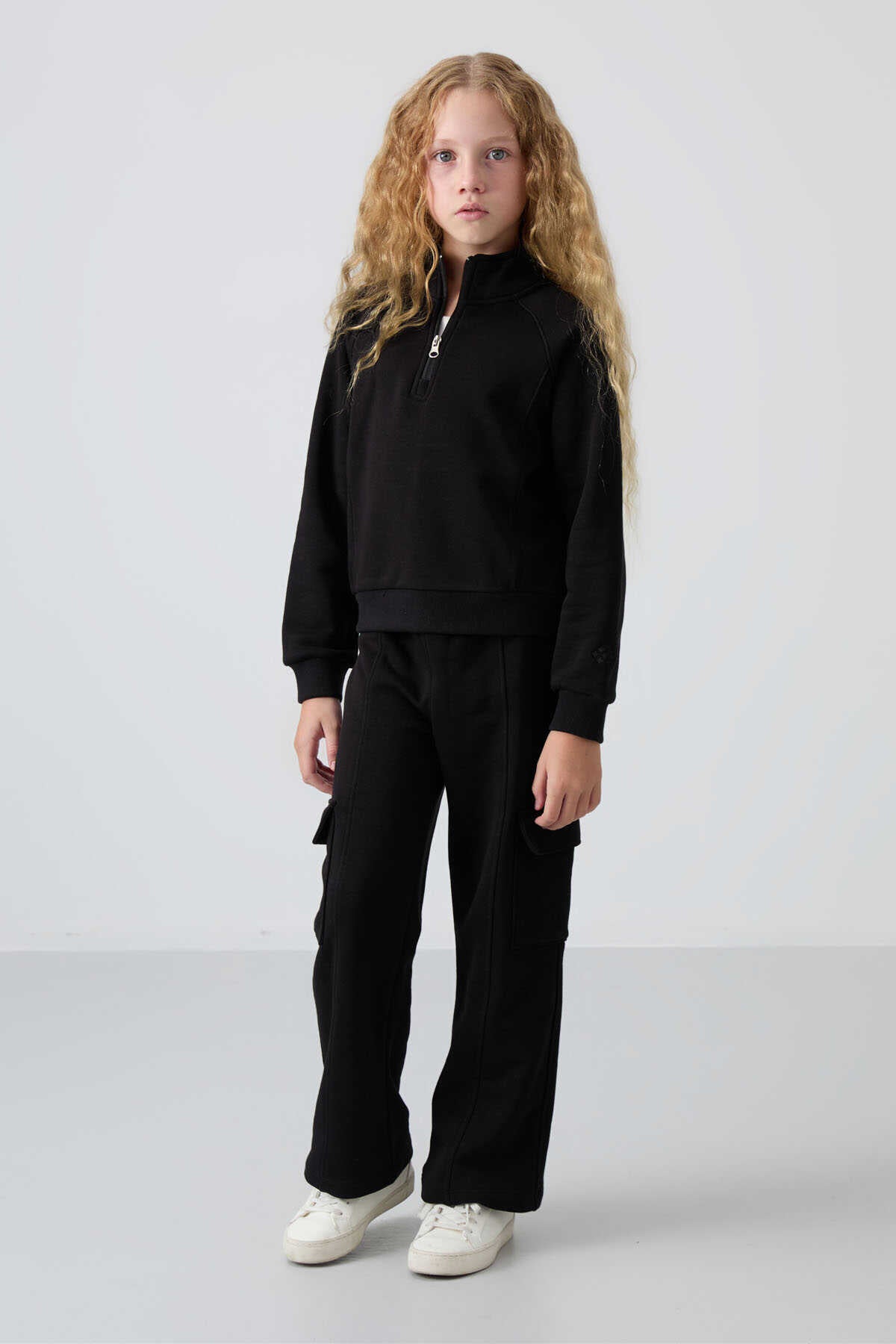 Tommylife Toptan 7-15 Yaş Dik Yaka Standart Kalıp Kız Çocuk Eşofman Takımı 75159 Ekru
