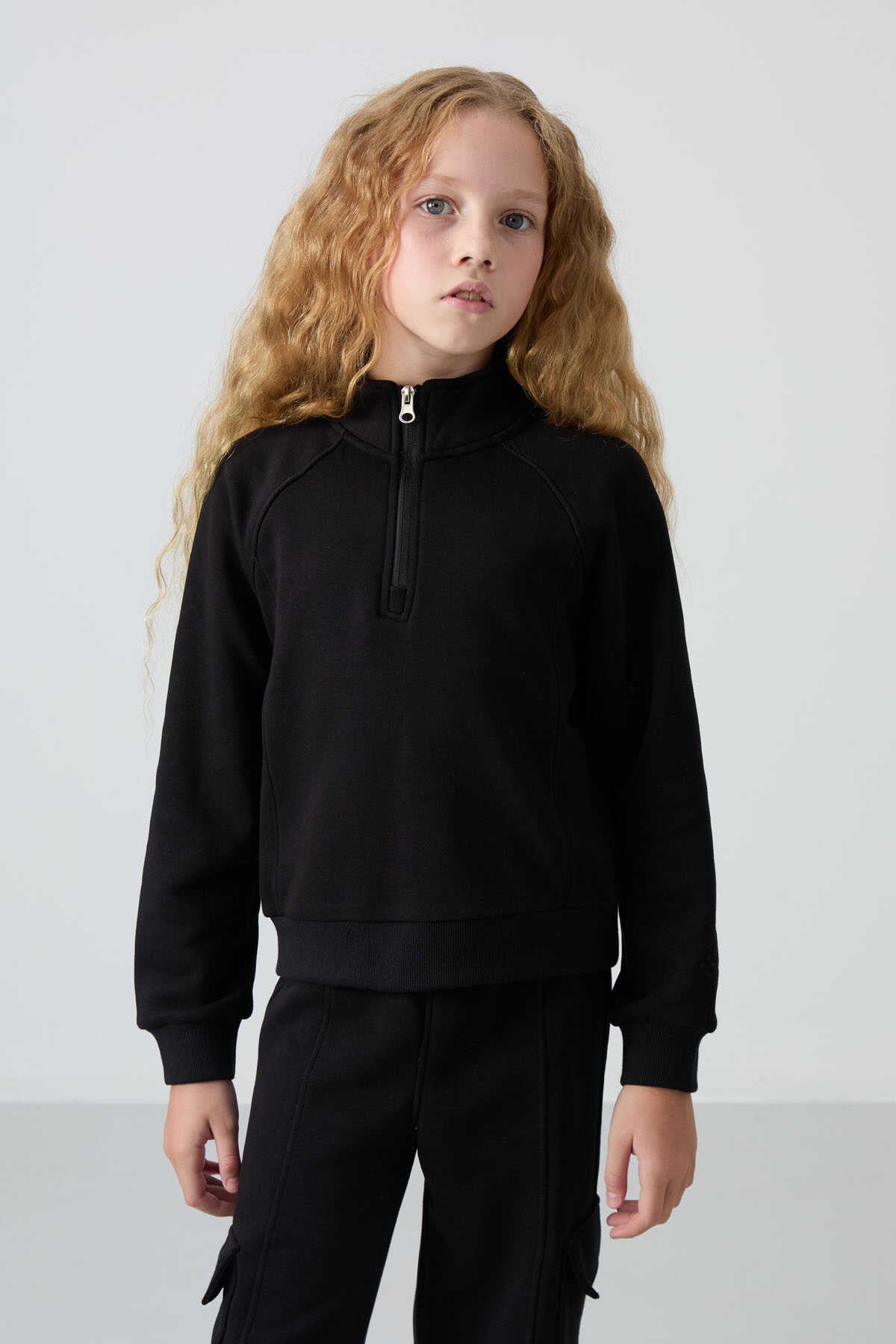 Tommylife Toptan 7-15 Yaş Dik Yaka Standart Kalıp Kız Çocuk Eşofman Takımı 75159 Ekru