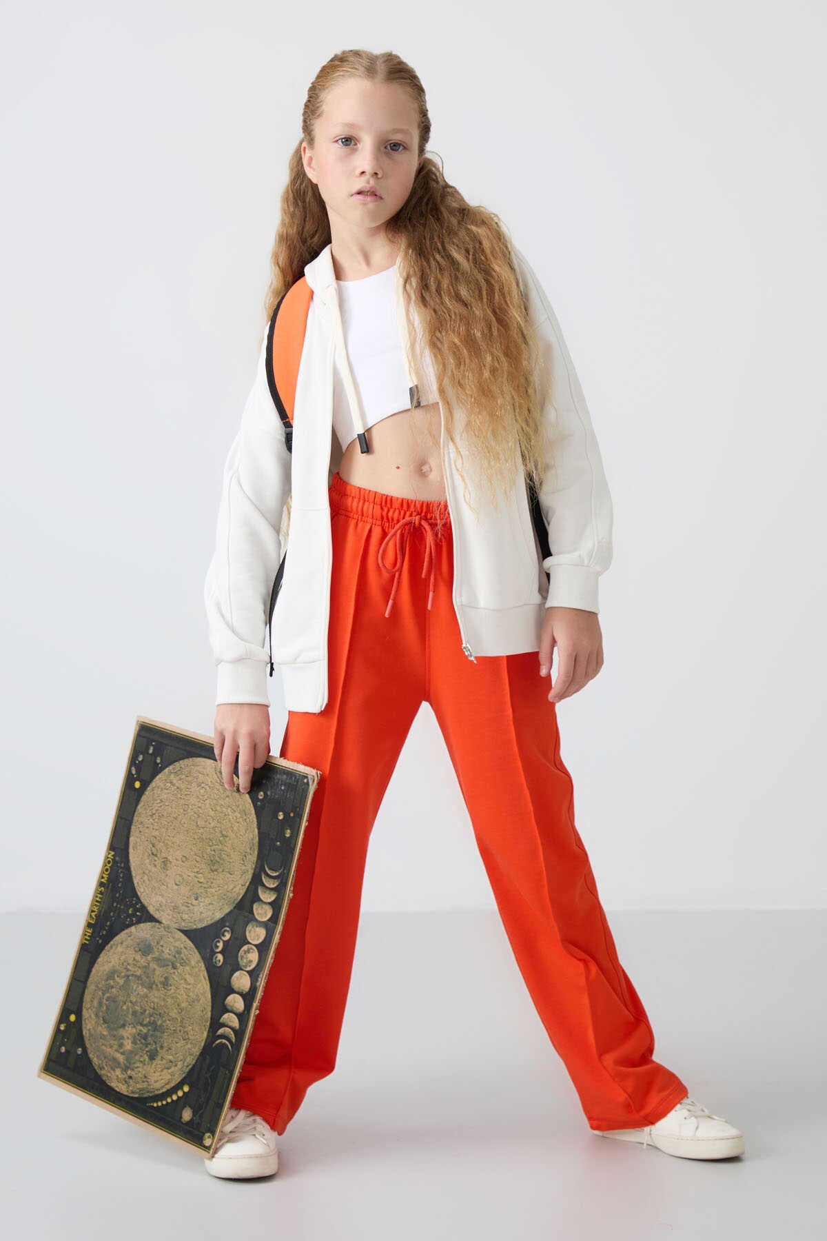 Tommylife Toptan 7-15 Yaş Geniş Paça Standart Kalıp Kız Çocuk Eşofman Alt 75144 Kar Melanj