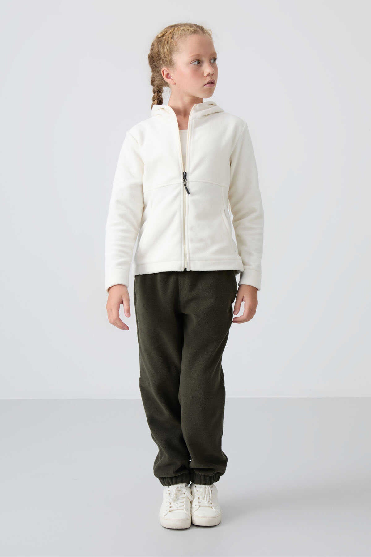 Tommylife Wholesale 7-15 Age Hooded Regular Fit Girls' Fleece Sweatshirt 75152 Khaki