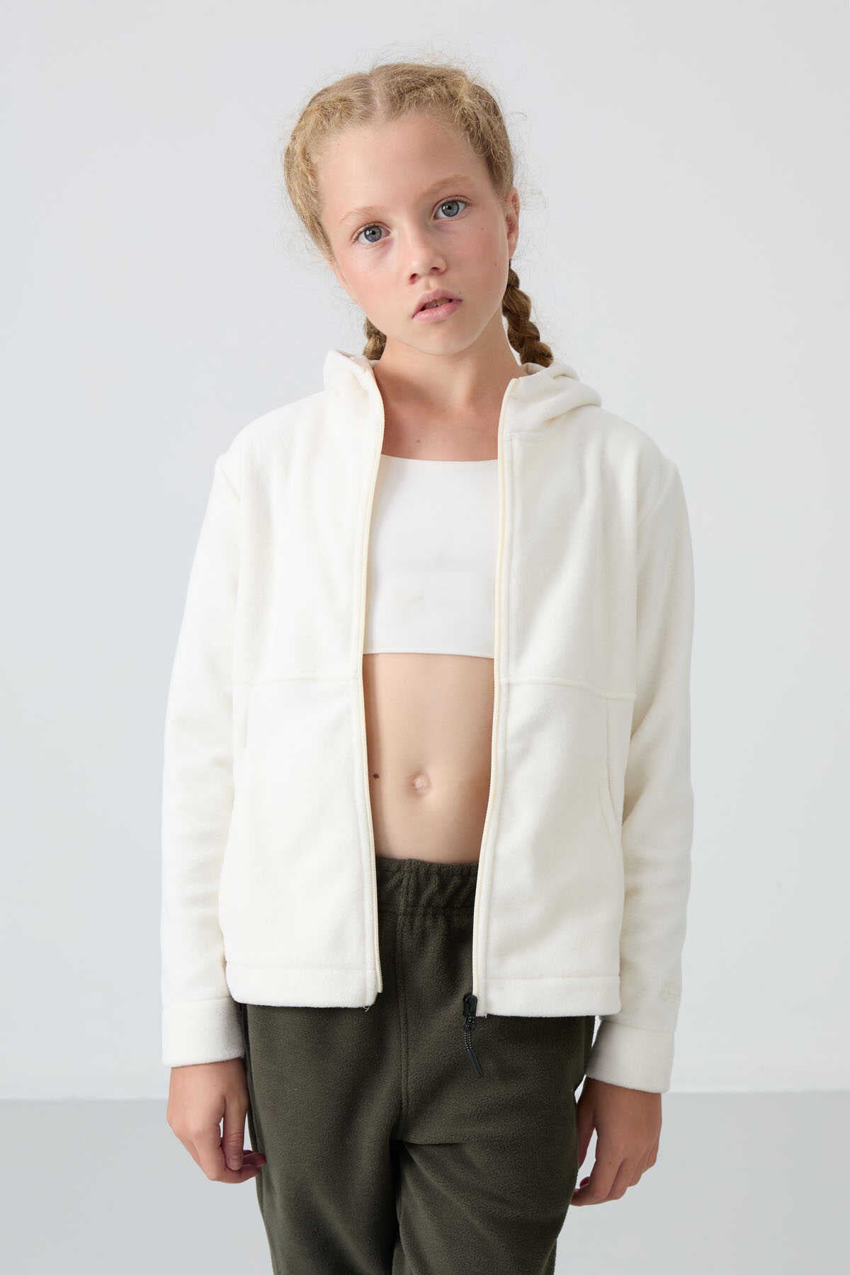 Tommylife Wholesale 7-15 Age Hooded Regular Fit Girls' Fleece Sweatshirt 75152 Khaki
