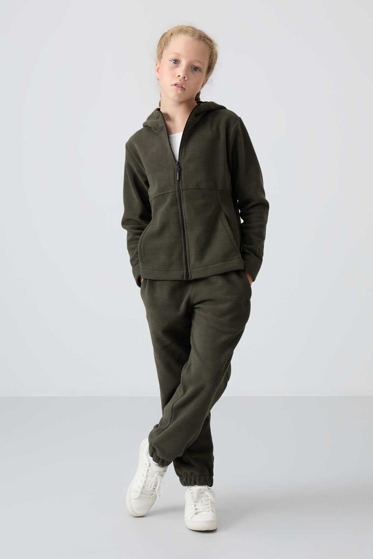 Tommylife Wholesale 7-15 Age Hooded Regular Fit Girls' Fleece Sweatshirt 75152 Khaki