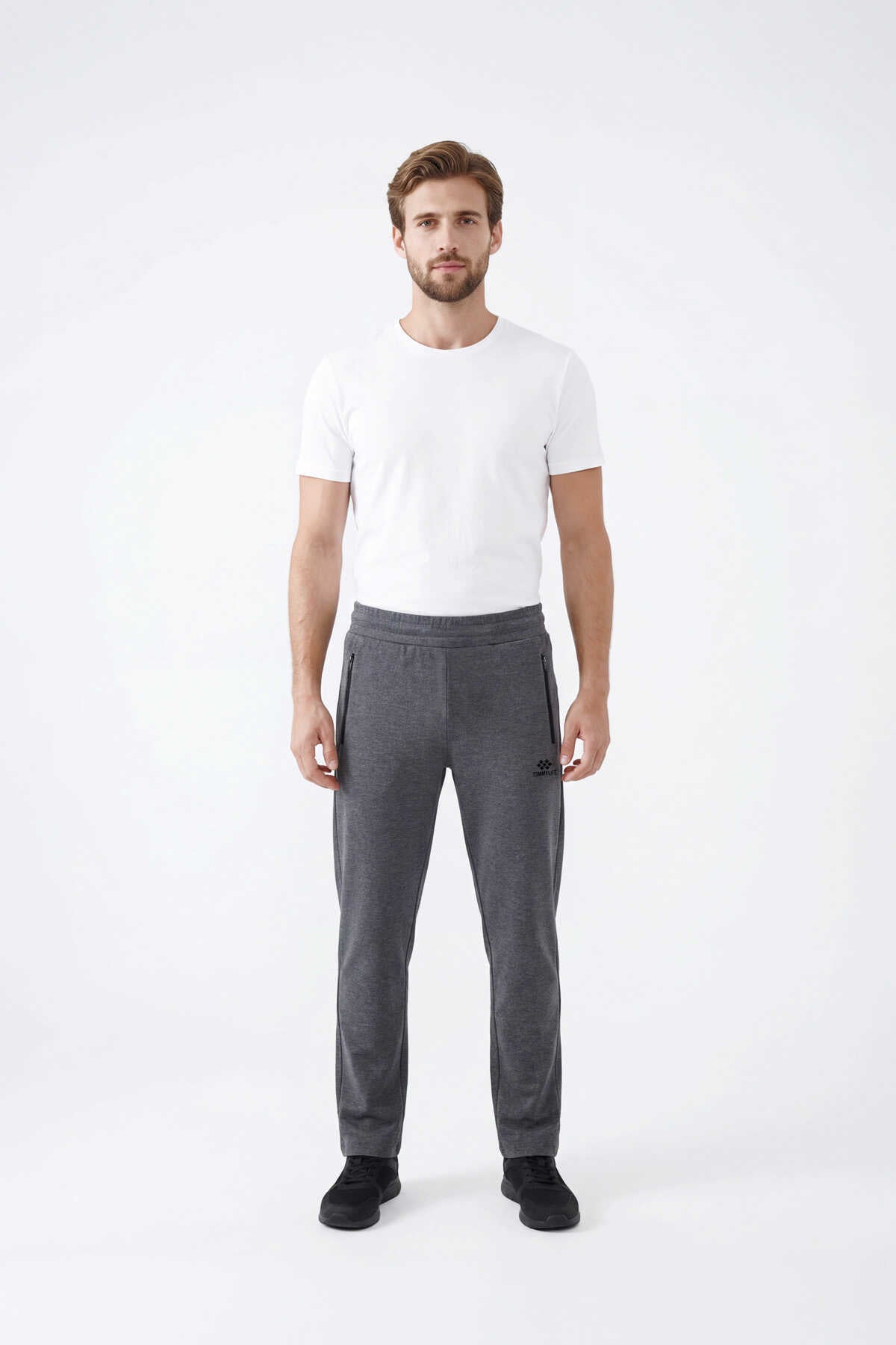 Tommylife Toptan Siyah Basic Fermuar Cepli Klasik Paça Büyük Beden Erkek Eşofman Alt - 84508