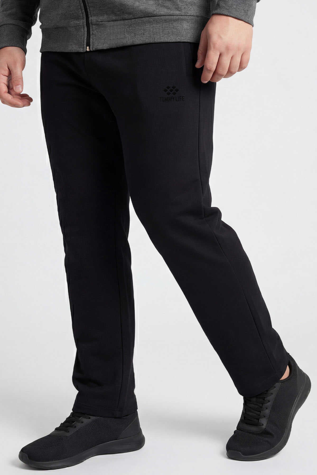 Tommylife Wholesale Gray Mélange - Black Stand-Up Collar Classic Leg Plus Size Men's Tracksuit Set - 85176