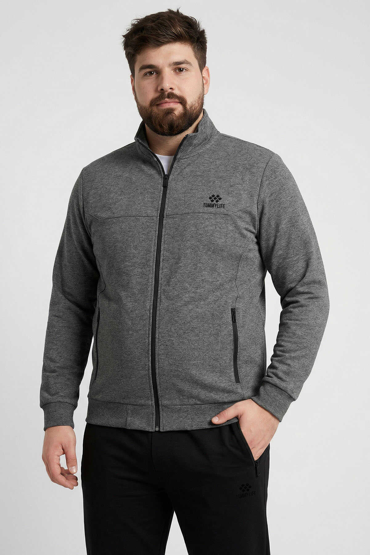 Tommylife Wholesale Gray Mélange - Black Stand-Up Collar Classic Leg Plus Size Men's Tracksuit Set - 85176