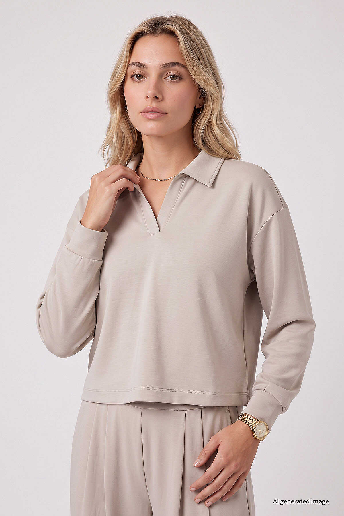 Tommylife Toptan Bej Polo Yaka Rahat Form Geniş Paça Kadın Eşofman Takım - 95358