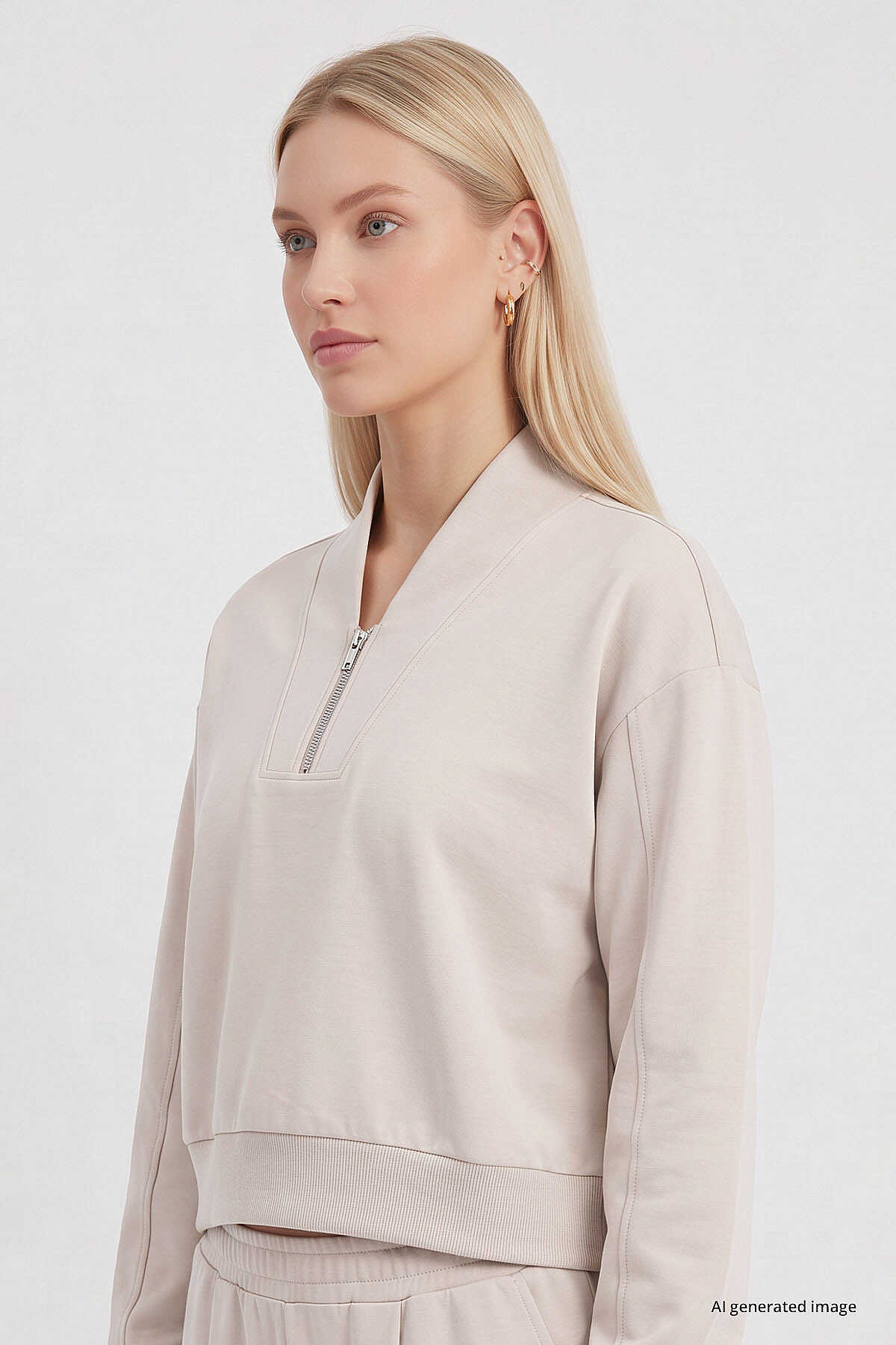 Tommylife Toptan Bej Standart Kalıp Crop Geniş Paça Kadın Eşofman Takım - 95359