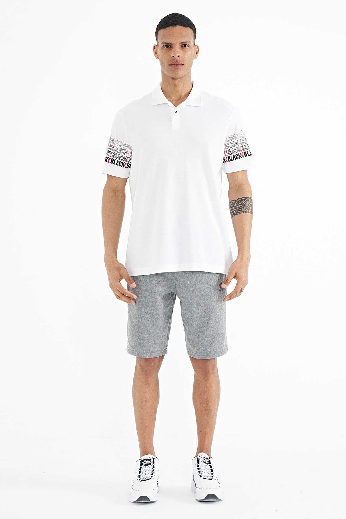 Tommylife Wholesale White Polo Neck Standard Fit Men's T-Shirt with Sleeve Print Detail - 88240