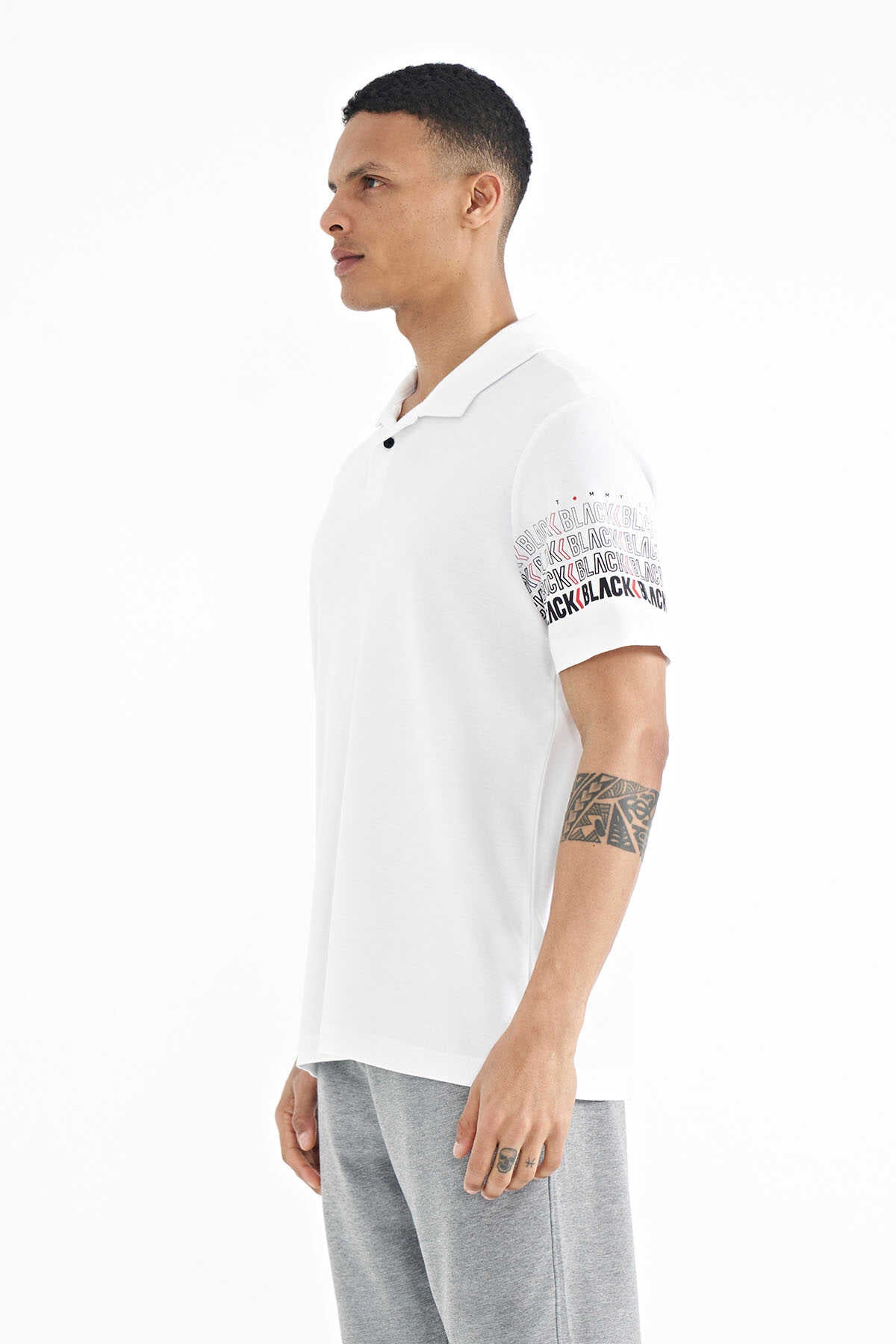 Tommylife Wholesale White Polo Neck Standard Fit Men's T-Shirt with Sleeve Print Detail - 88240
