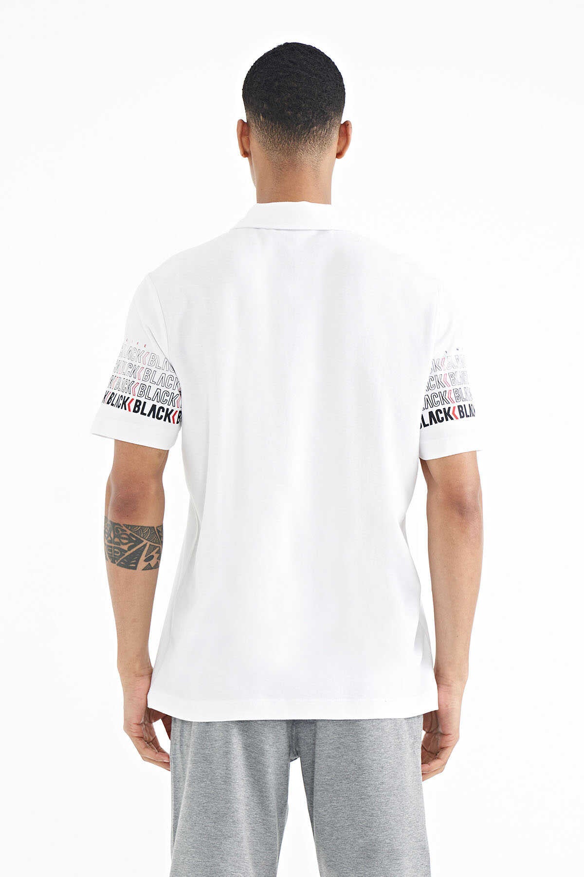 Tommylife Wholesale White Polo Neck Standard Fit Men's T-Shirt with Sleeve Print Detail - 88240