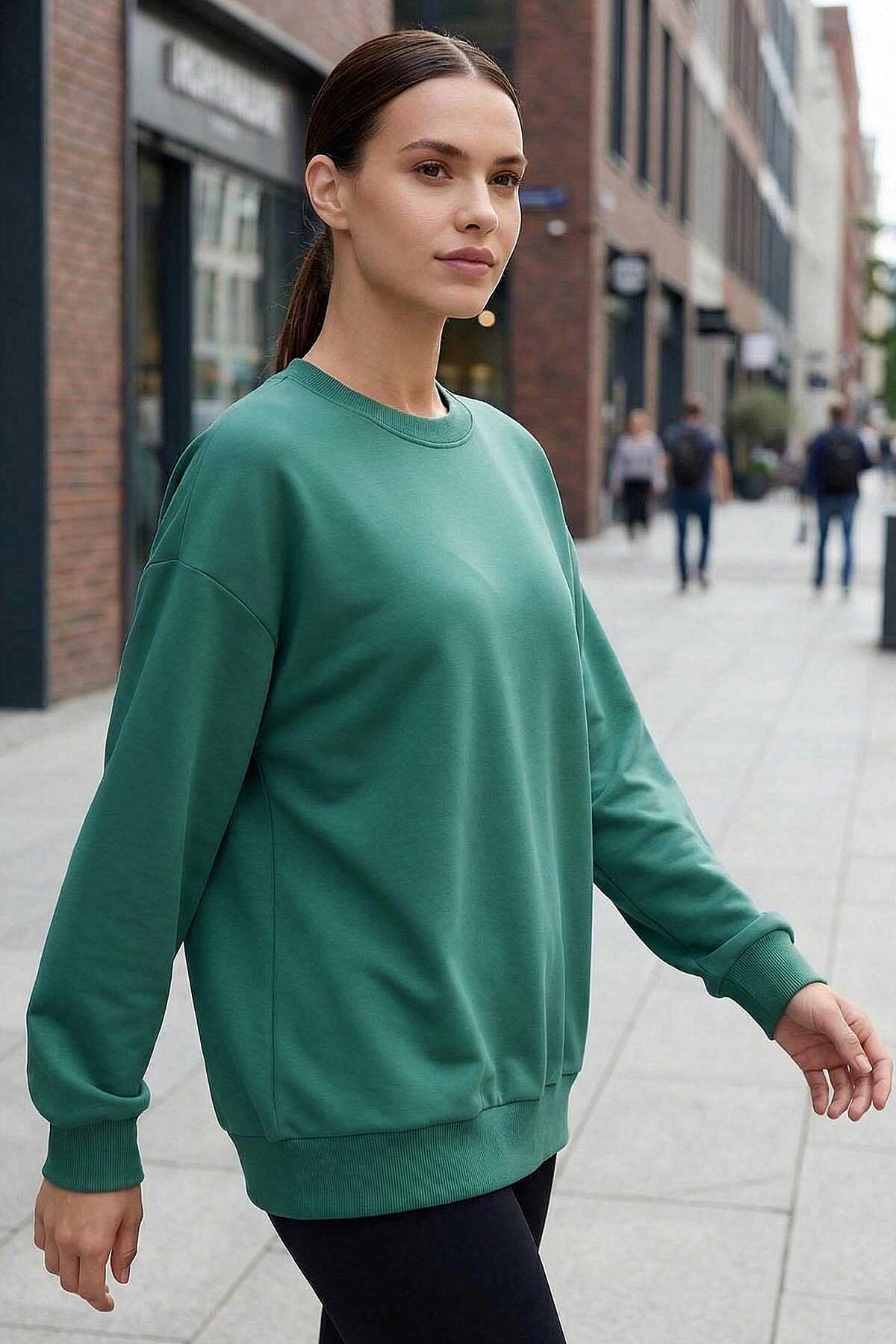 Tommylife Toptan Deniz Yeşili Basic O Yaka Oversize Kadın Sweatshirt - 97053