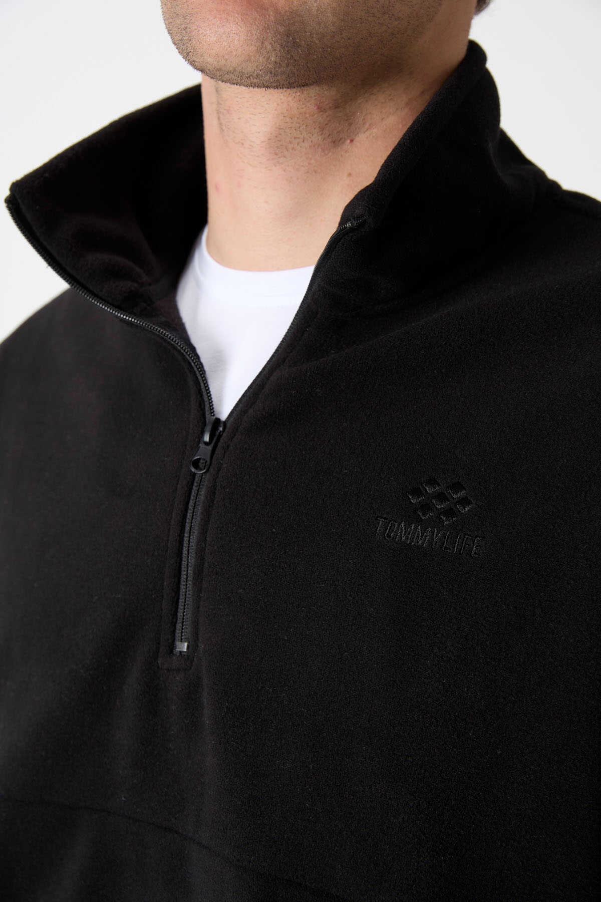 Tommylife Toptan Dik Yaka Dar Kalıp Yarım Fermuar Erkek Polar Sweatshirt 87891 Siyah