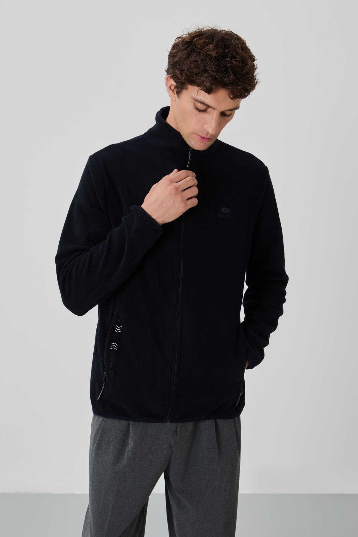 Tommylife Toptan Dik Yaka Standart Kalıp Fermuarlı Erkek Polar Sweatshirt 87992 Siyah