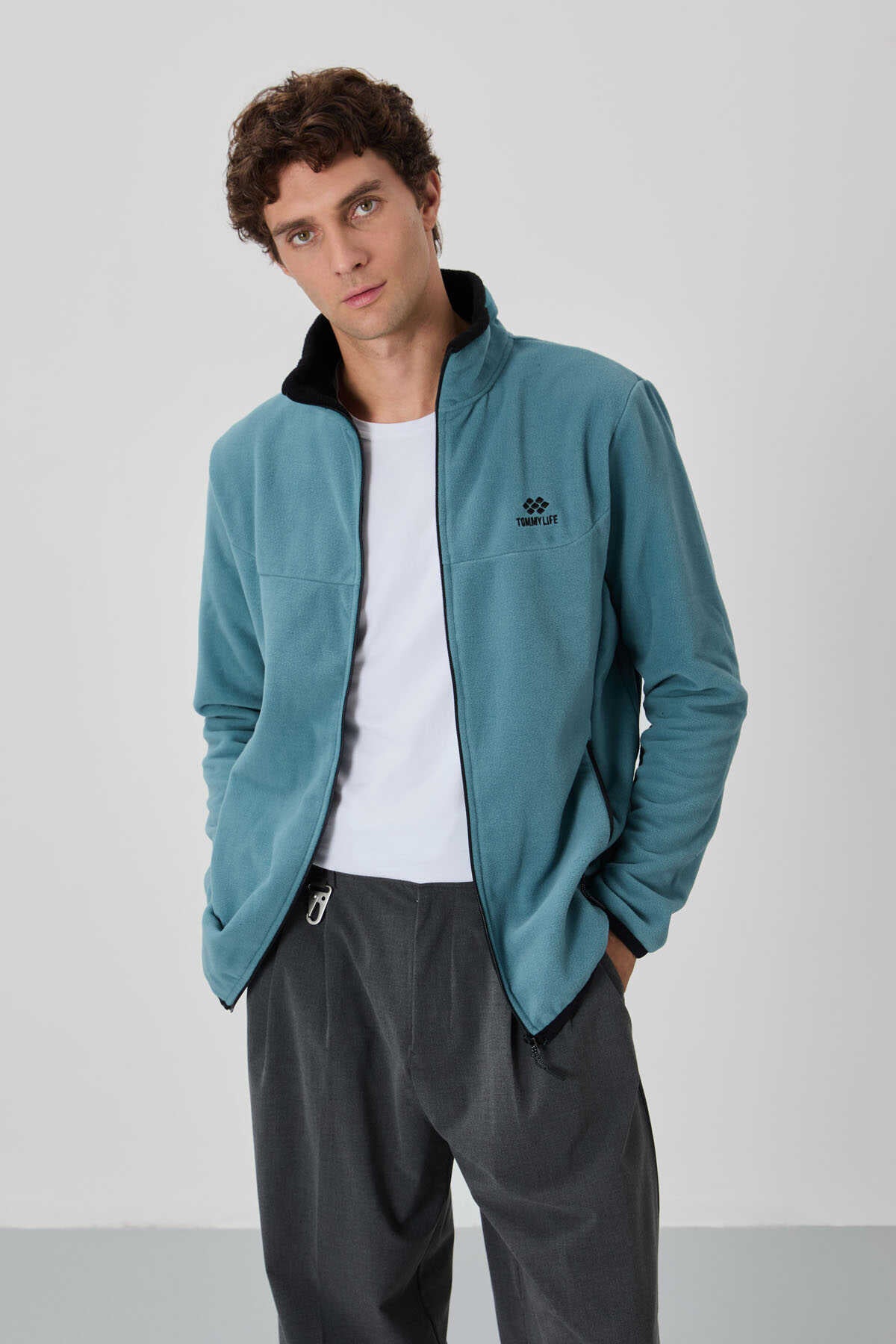 Tommylife Toptan Dik Yaka Standart Kalıp Fermuarlı Erkek Polar Sweatshirt 87992 Siyah