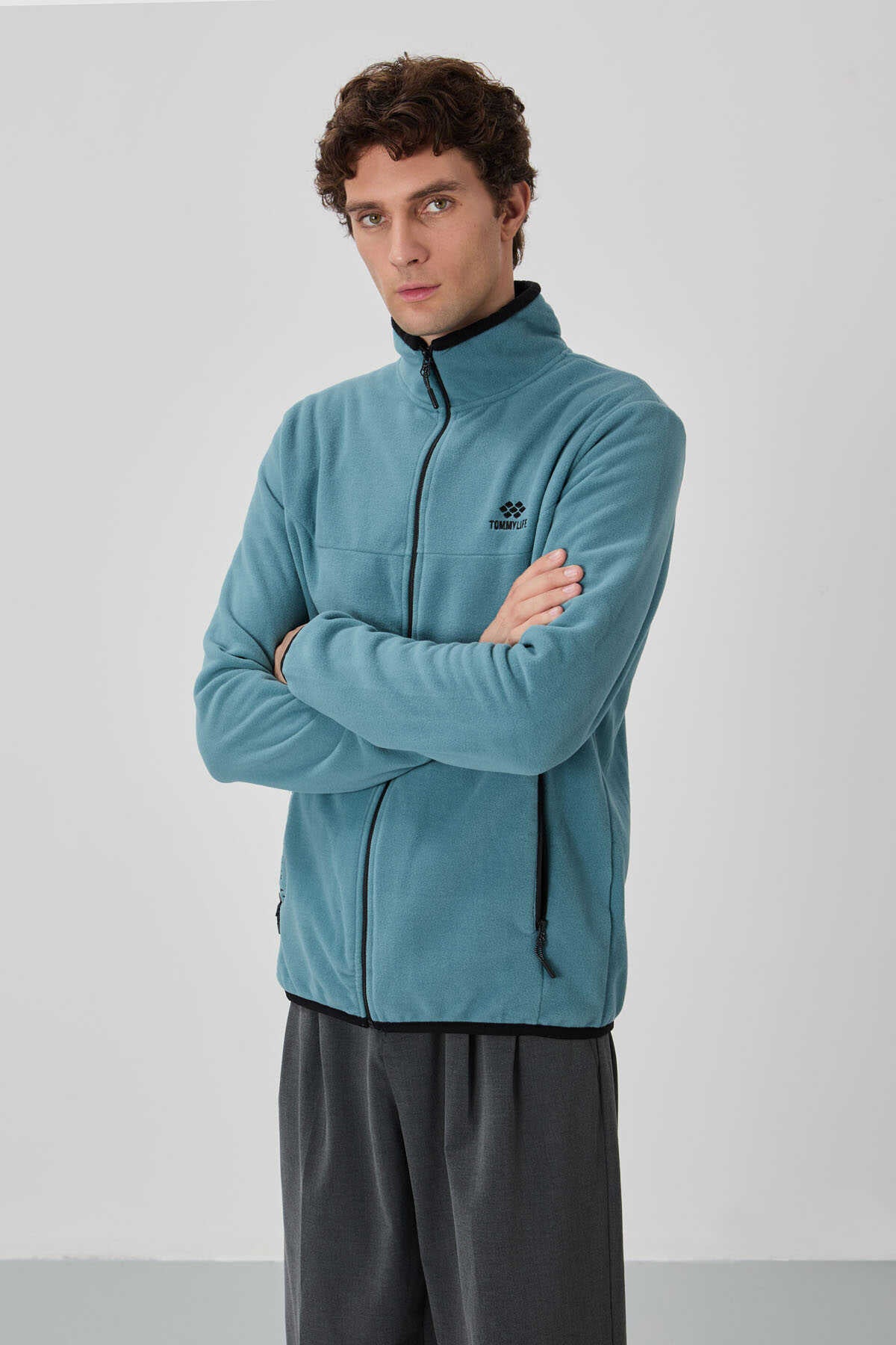 Tommylife Toptan Dik Yaka Standart Kalıp Fermuarlı Erkek Polar Sweatshirt 87992 Siyah