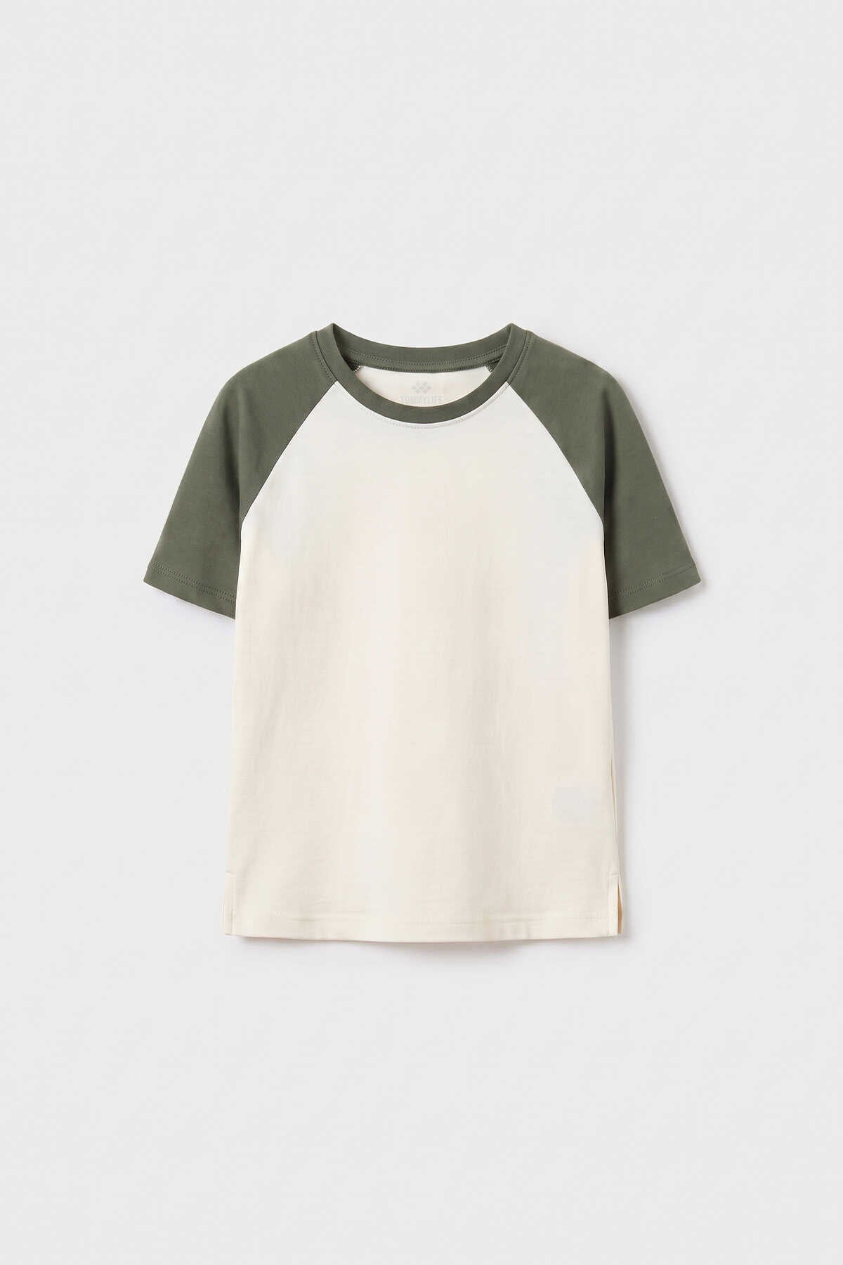 Tommylife Toptan Ekru-Haki Standart Fit Reglan Kollu Kız Çocuk T-Shirt - 75180