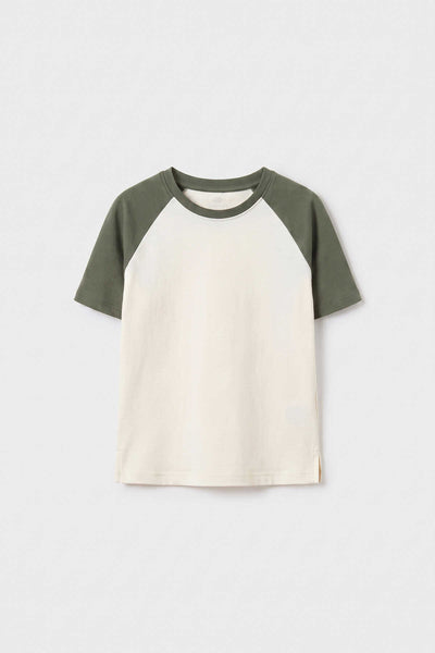 Tommylife Toptan Ekru-Haki Standart Fit Reglan Kollu Kız Çocuk T-Shirt - 75180