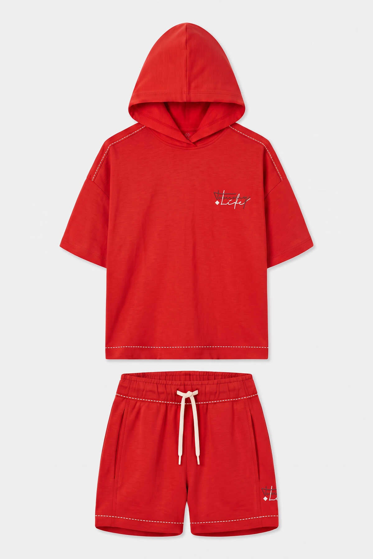 Tommylife Toptan Fiesta Kapüşonlu Dikiş Detaylı Kız Çocuk Şort Takım - 75185