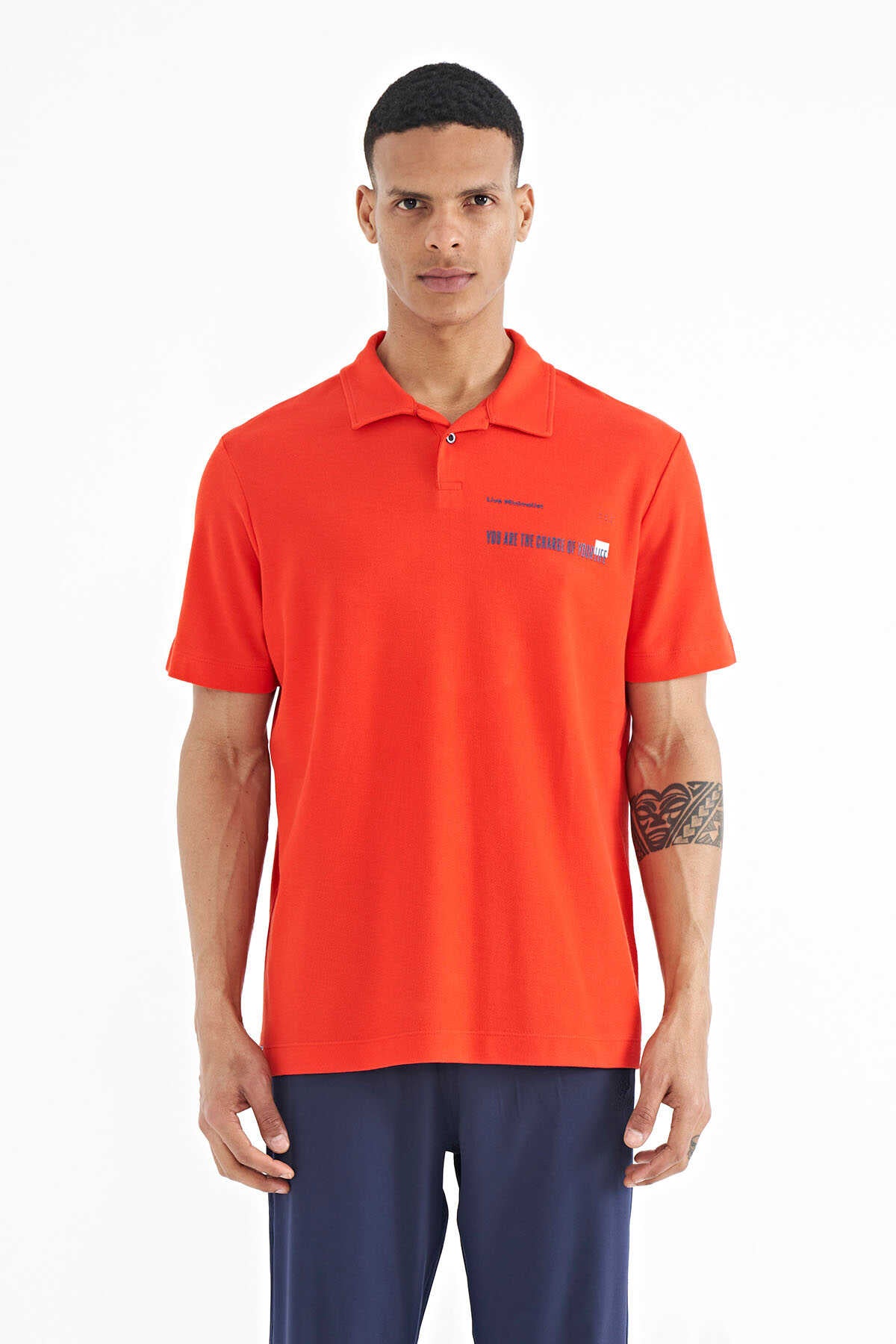 Tommylife Toptan Lacivert Yazı Baskılı Standart Form Polo Yaka Erkek T-Shirt - 88236