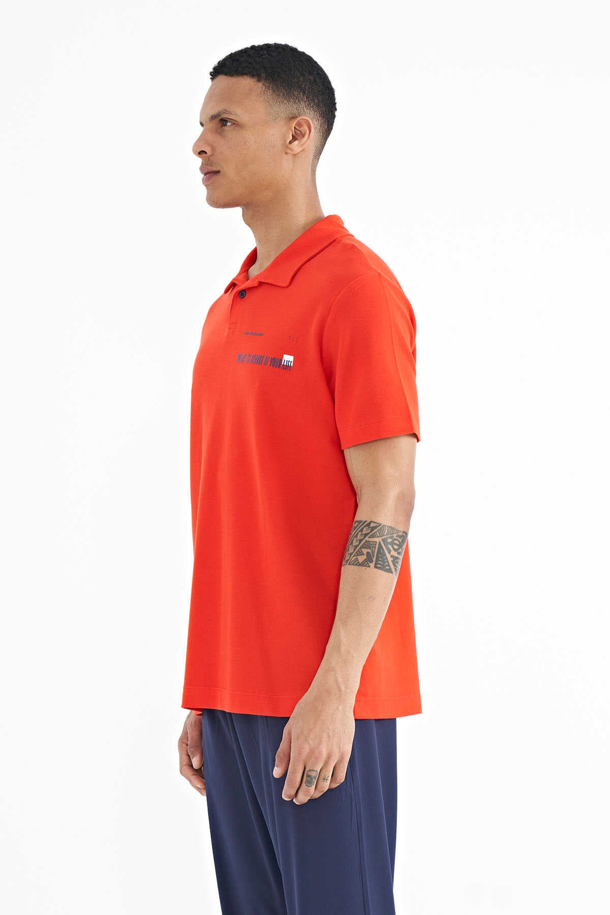 Tommylife Toptan Lacivert Yazı Baskılı Standart Form Polo Yaka Erkek T-Shirt - 88236