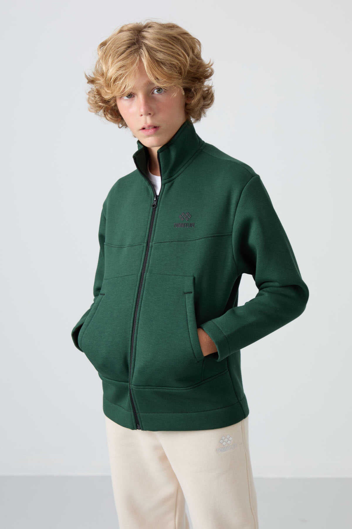 Tommylife Wholesale Waiter Size Stand Collar Standard Fit Basic Boys' Sweatshirt 11245 Pine Green
