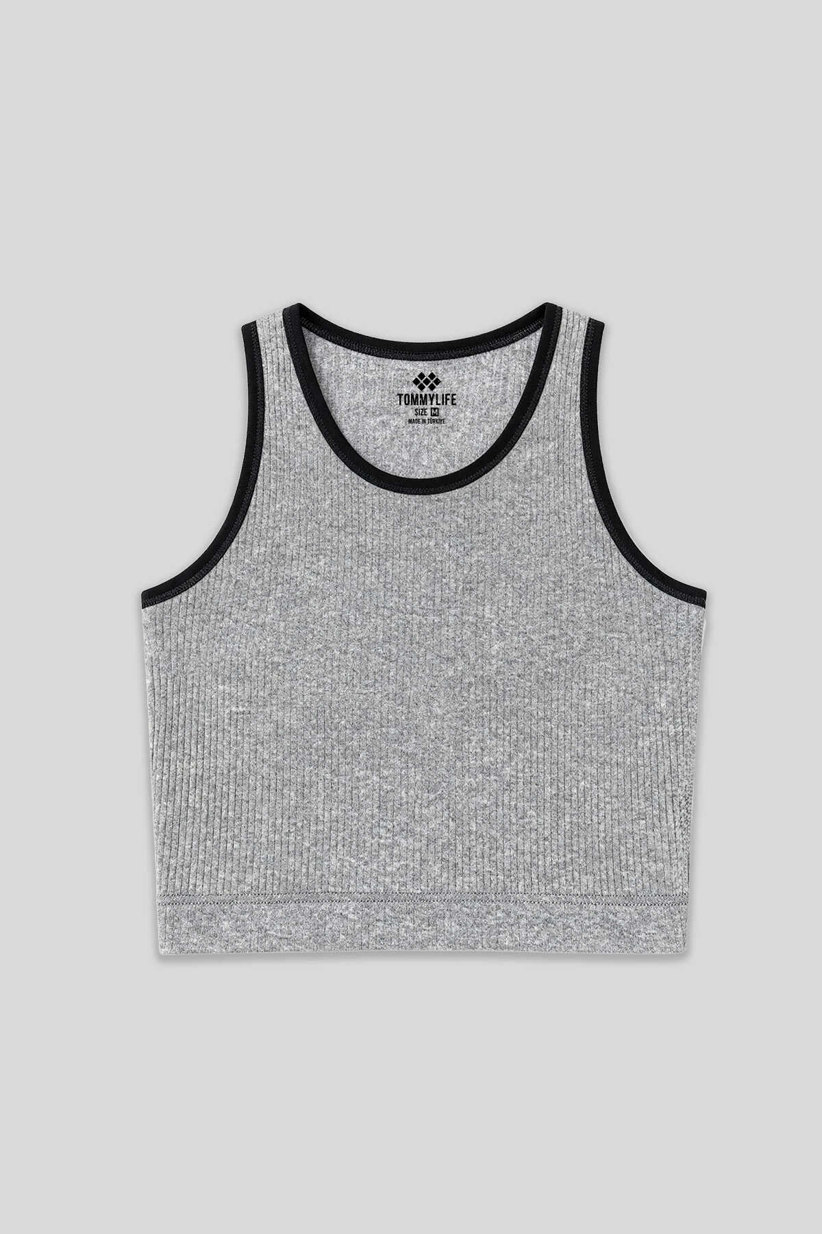 Tommylife Wholesale Grey Melange Basic Sleeveless Slim Fit U-Neck Women's Crop Top - 97160