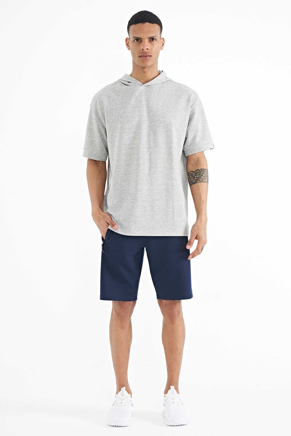 Tommylife Toptan Lacivert Kapüşonlu Kol Etiket Detaylı Oversize Erkek T-Shirt - 88179
