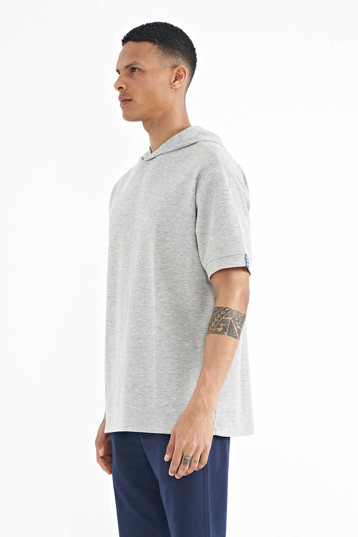 Tommylife Toptan Lacivert Kapüşonlu Kol Etiket Detaylı Oversize Erkek T-Shirt - 88179