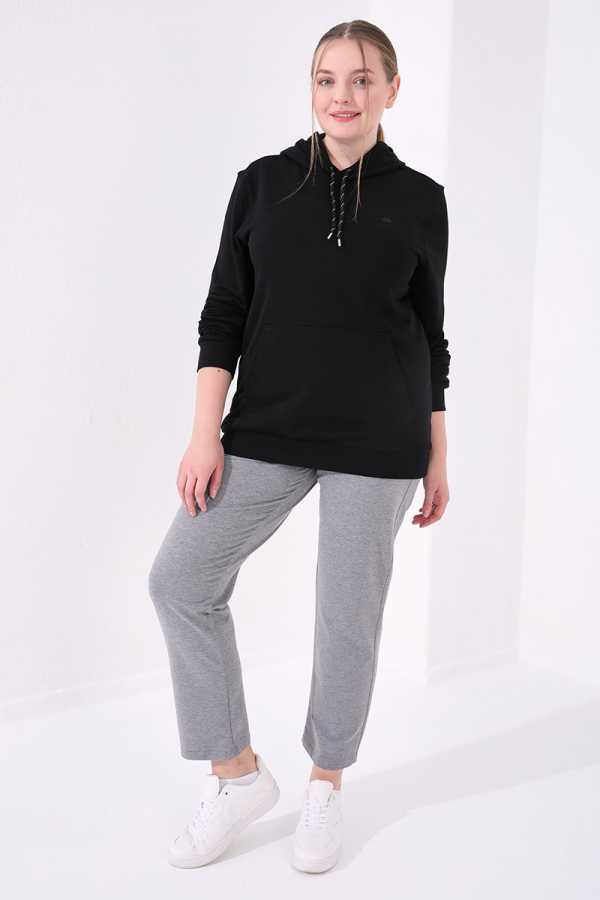 Tommylife Wholesale Gray Mélange Classic Leg Stone Detailed Women's Plus Size Sweatpants - 94040