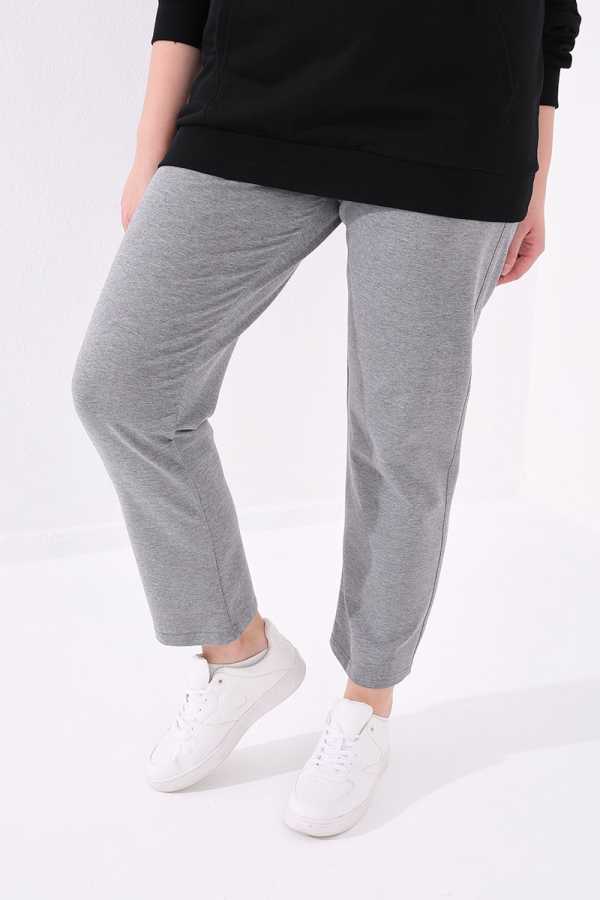 Tommylife Wholesale Gray Mélange Classic Leg Stone Detailed Women's Plus Size Sweatpants - 94040