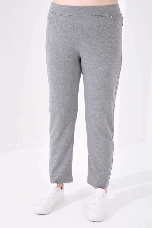 Tommylife Wholesale Gray Mélange Classic Leg Stone Detailed Women's Plus Size Sweatpants - 94040