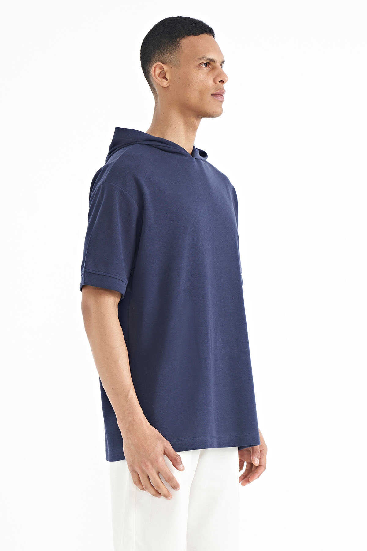 Tommylife Toptan Lacivert Kapüşonlu Kol Etiket Detaylı Oversize Erkek T-Shirt - 88179