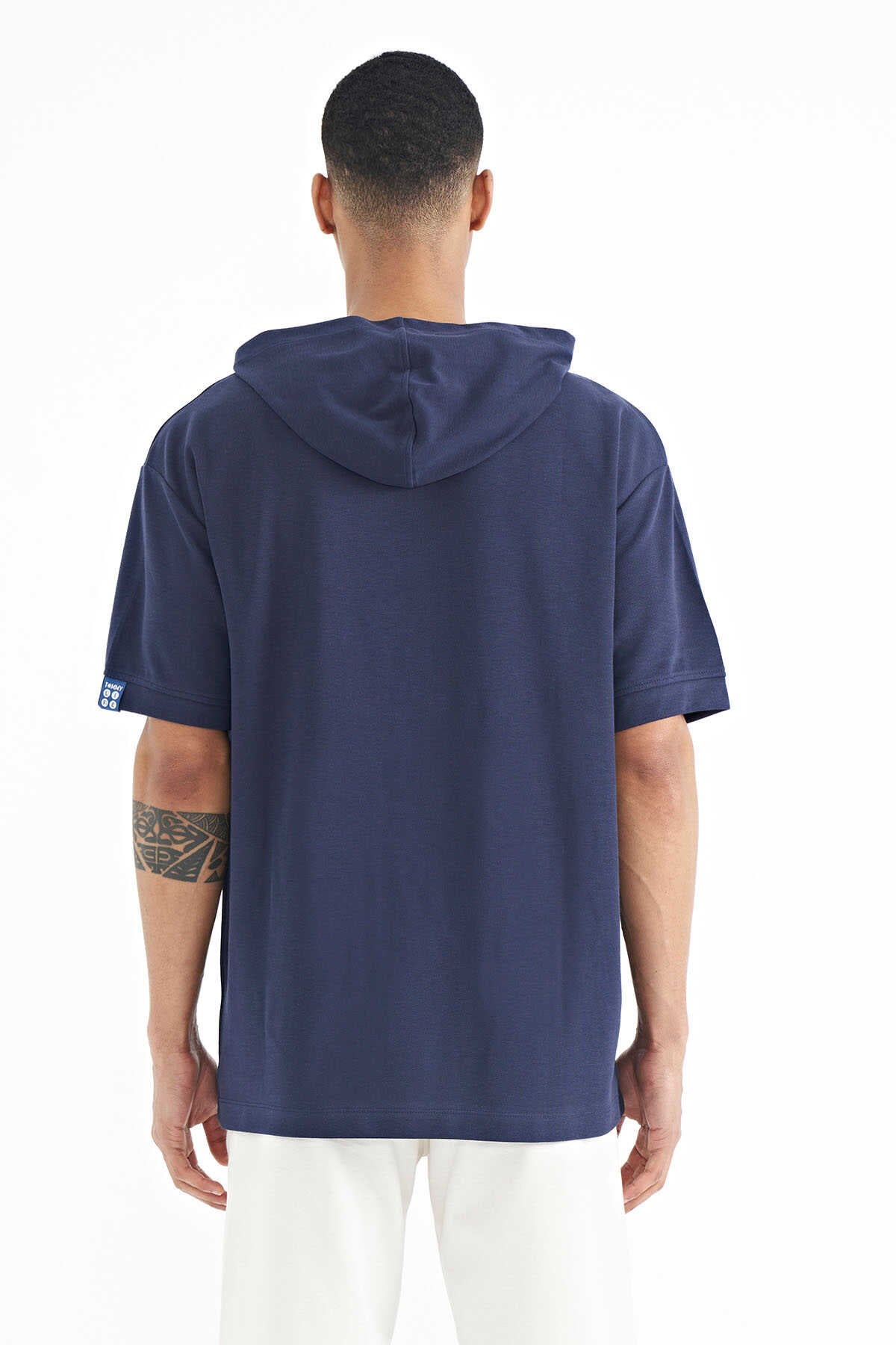 Tommylife Toptan Lacivert Kapüşonlu Kol Etiket Detaylı Oversize Erkek T-Shirt - 88179