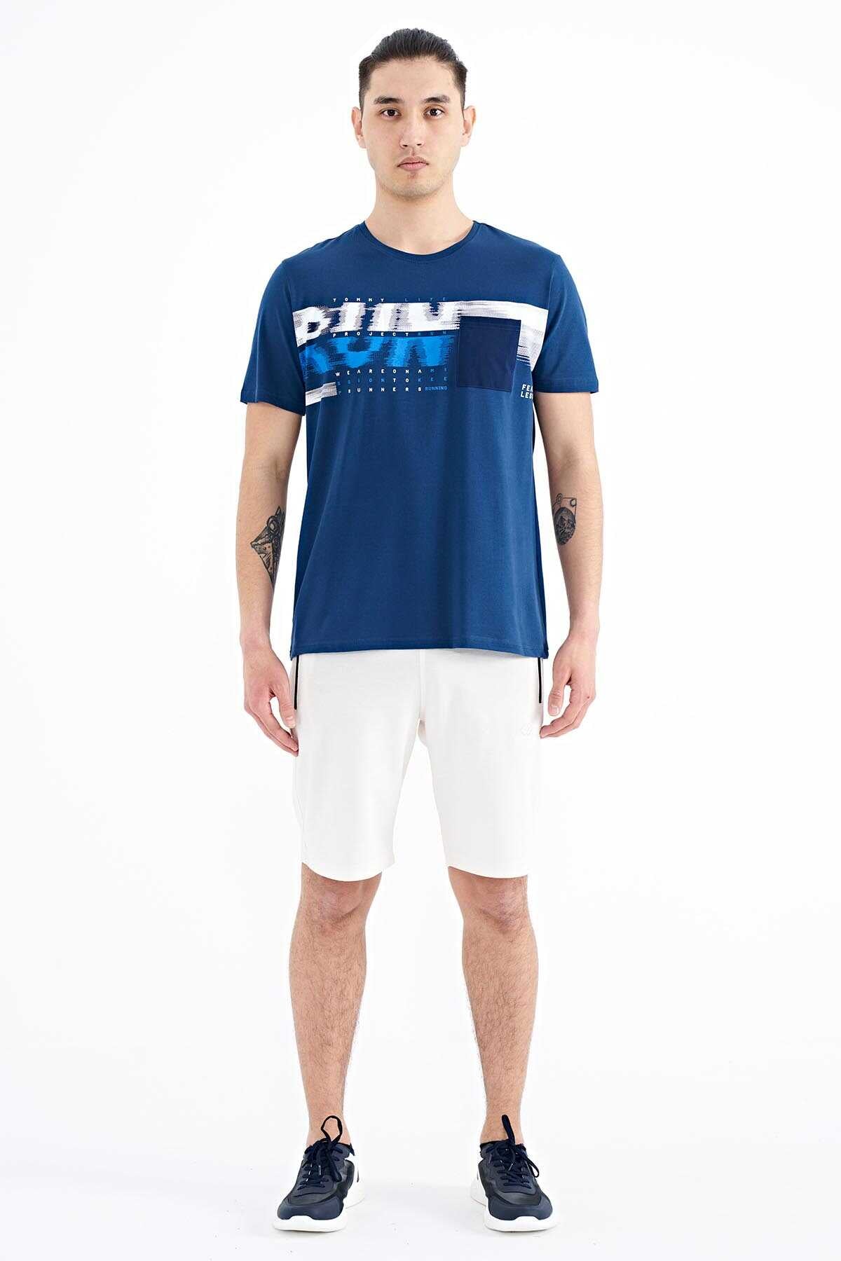 Tommylife Toptan Lacivert Ön Cep Detaylı Baskılı Standart Kalıp Erkek T-Shirt - 88200